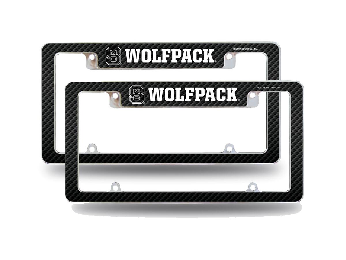 NC State Wolfpack (Set of 2) Chrome Metal License Plate Frames with Carbon Fiber Design