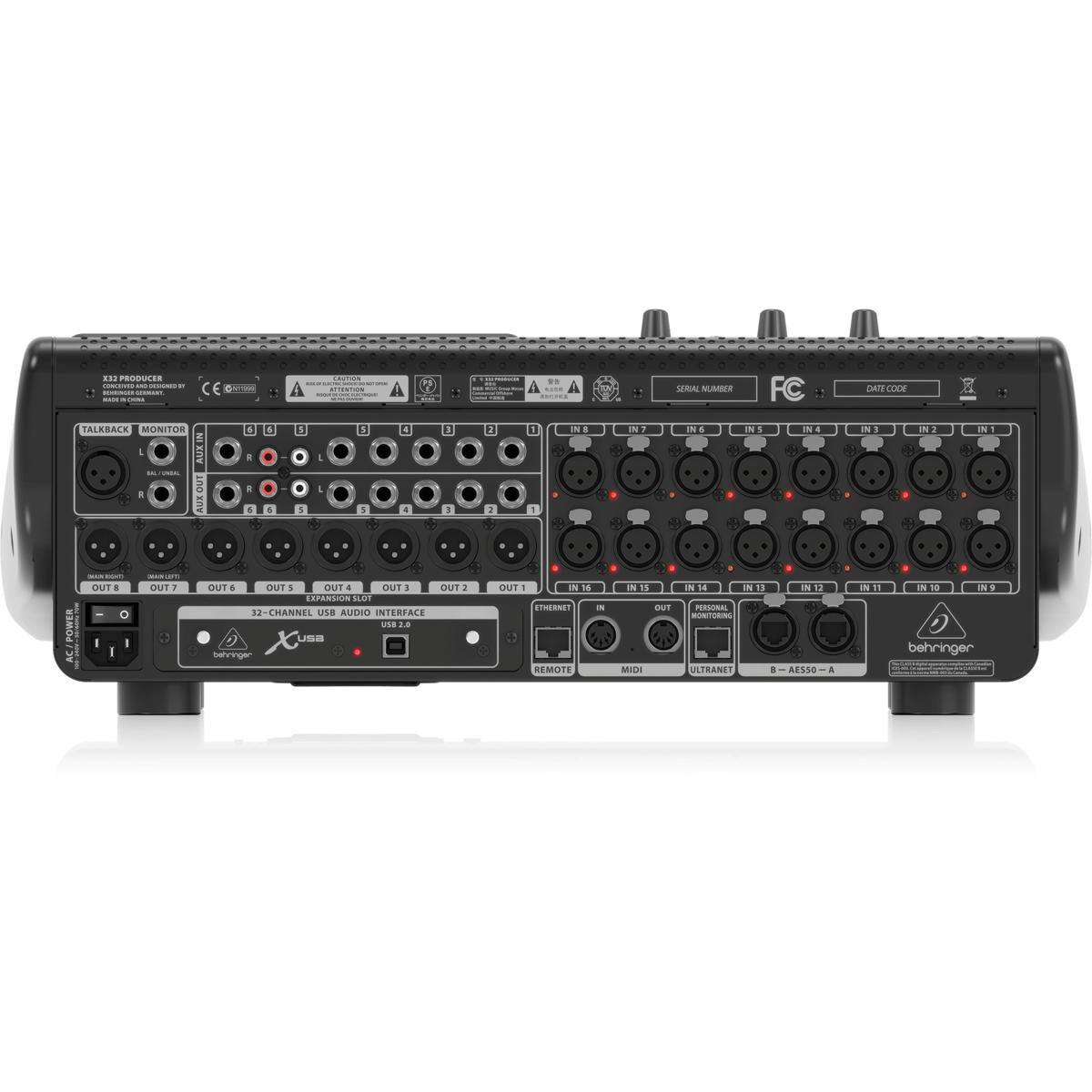 X32 PRODUCER
MADE IN GERMANY
TALKBACK MONITOR
AUX IN OUT
1 2 3 4 5 6
CAUTION
SERIAL NUMBER FC
DATE CODE
IN 8 IN 7 IN 6 IN 5 IN 4 IN 3 IN 2 IN 1
OUT 8 OUT 7 OUT 6 OUT 5 OUT 4 OUT 3 OUT 2 OUT 1
32-CHANNEL USB AUDIO INTERFACE USB 2.0
behringer
ETHERNET IN
REMOTE
MIDI
ULTRANET
B-AESSO-A