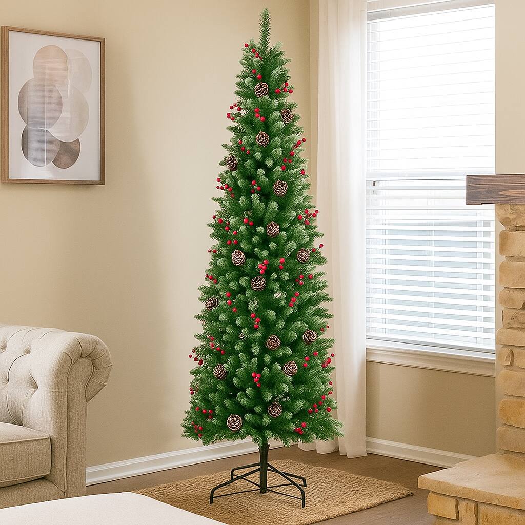 Angle. BreeBe - Slim LED Christmas Tree with Red Berries and Pine Cones – 5/6/7ft Sizes - Green.