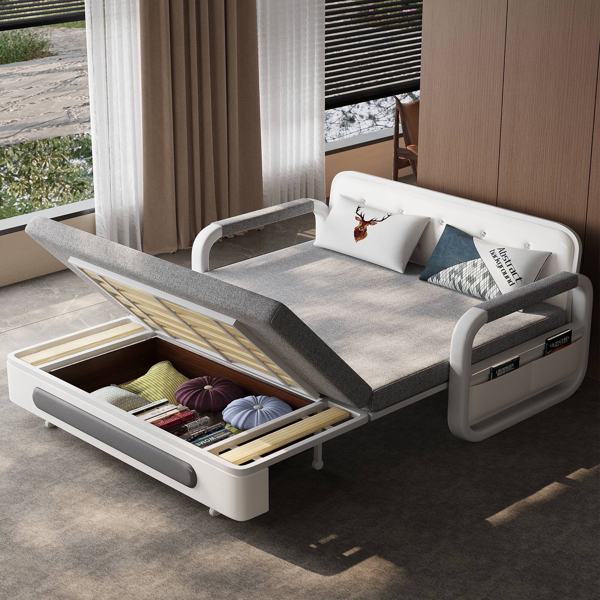 luck idea - 59.84" Sofa Bed with Storage Base and Side Pockets, Detachable Washable Seat Cushions - Gray