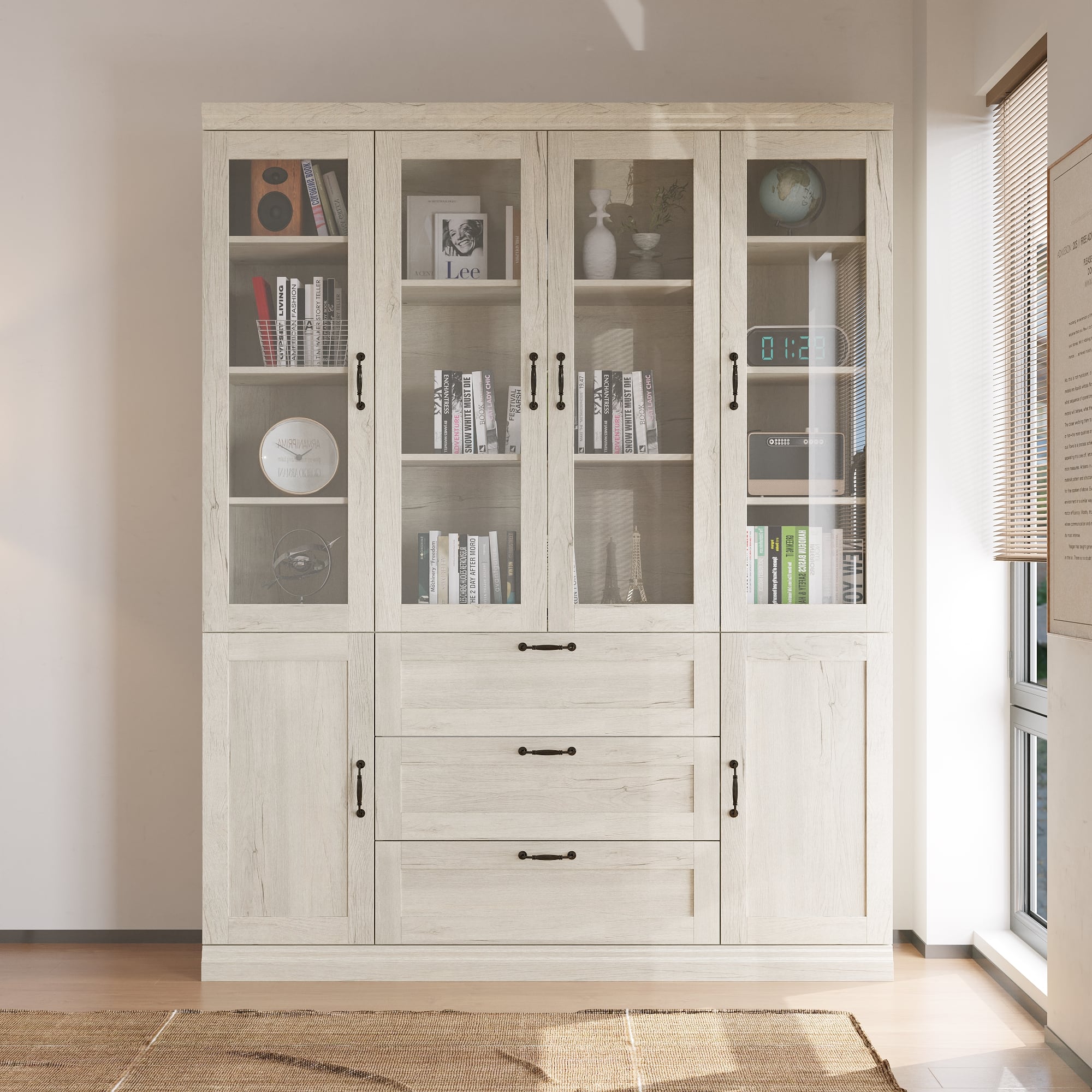 Famapy - Multi-Functional Storage Cabinet with Glass Doors, Adjustable Shelves, Drawers – Versatile Home Organizer - Off-White