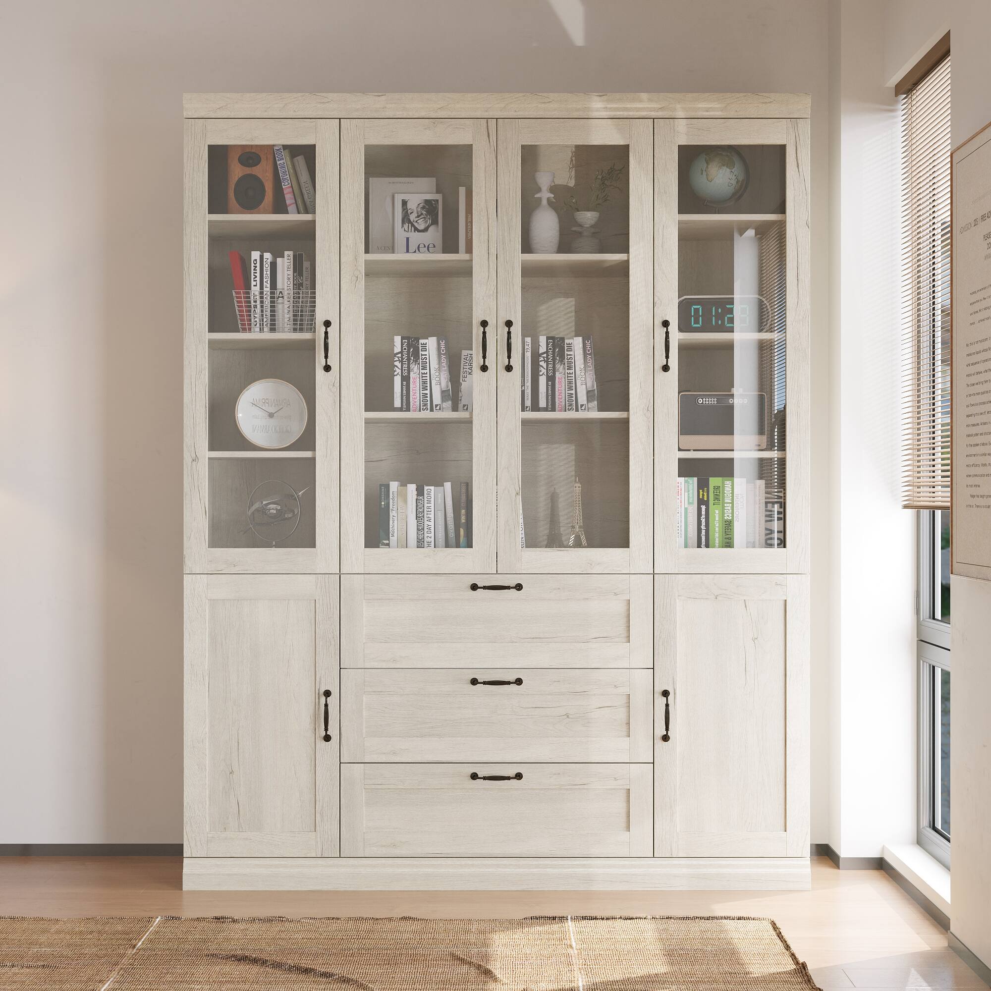 Sure, here is the corrected and grouped text from the image:
**Top Shelf:**
- Lee
**Second Shelf:**
- Lee
**Third Shelf:**
- (No visible text)
**Fourth Shelf:**
- (No visible text)
**Fifth Shelf:**
- (No visible text)
**Bottom Shelf:**
- (No visible text)
**Digital Clock:**
- 01:28
**Books and Items:**
- Various titles and items are visible but not clearly readable.
**Other Items:**
- (No visible text on other items)
The text is mostly on the books and the digital clock. The rest of the items do not have clearly readable text.