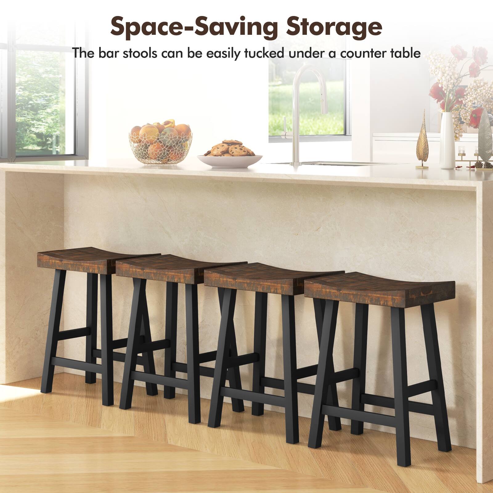 Space-Saving Storage  
The bar stools can be easily tucked under a counter table