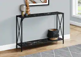 TinyHomie - Accent Table Console Entryway Narrow Sofa Living Room Bedroom Marble Look Metal Contemporary Modern - Black