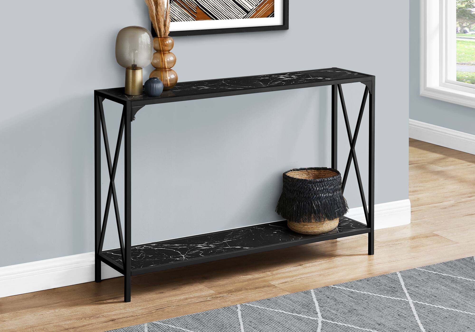 Front. TinyHomie - Accent Table Console Entryway Narrow Sofa Living Room Bedroom Black Marble Look Black Metal Contemporary Modern - Black.