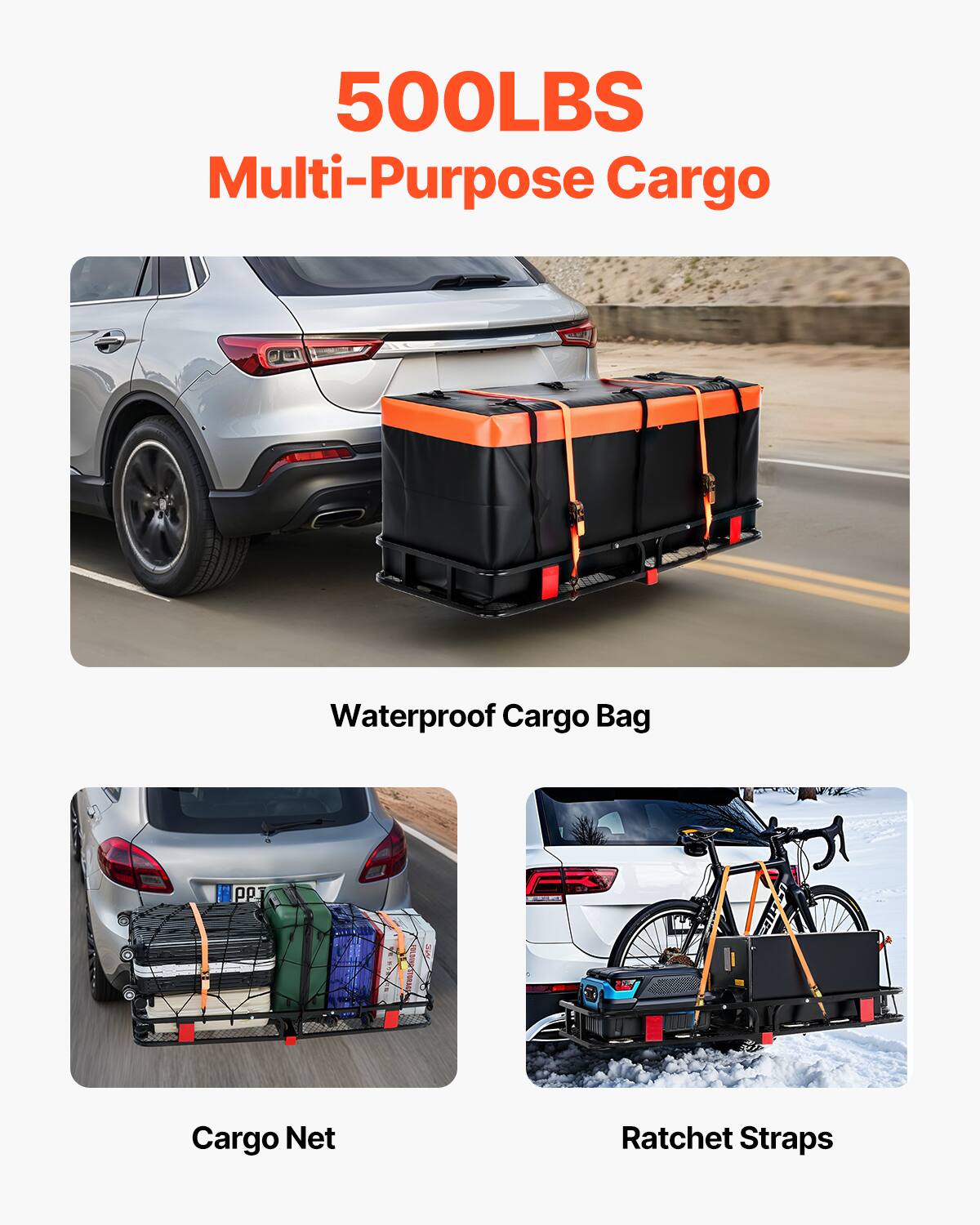 500LBS Multi-Purpose Cargo

- Waterproof Cargo Bag
- Cargo Net
- Ratchet Straps