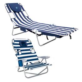 Camco - Ostrich Backpack Chaise Lounge Beach Chair & On Your Back Chair, Striped Blue - White