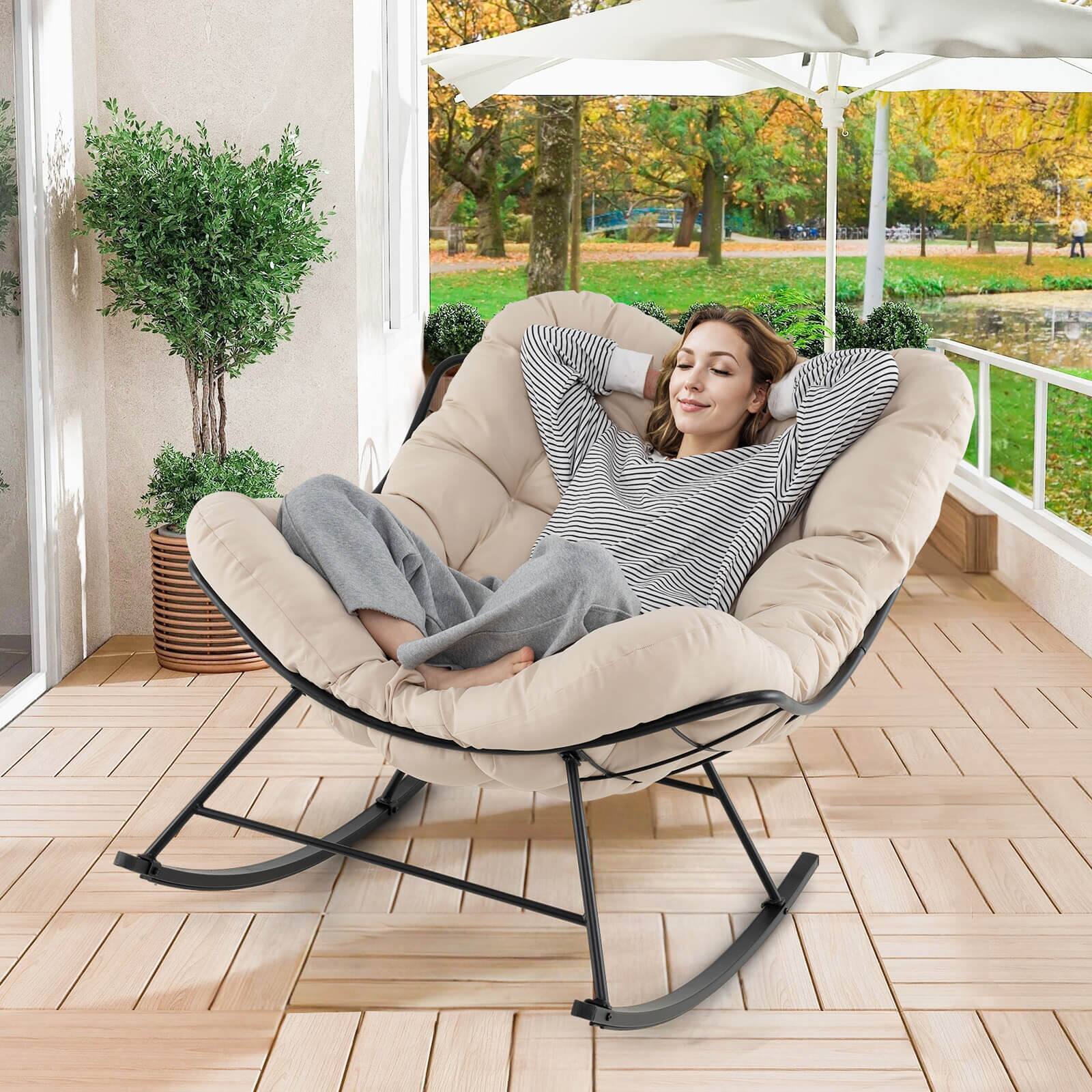 Alt View 4. Costway - Costway Indoor Rocking Chair, Oversized Egg Papasan Chair with Padded Cushion - Beige.