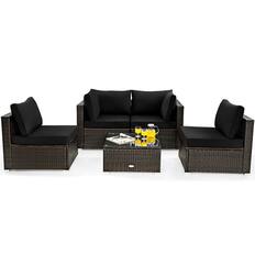 Front. Costway - 5PCS Patio Rattan Furniture Set Cushioned Sofa Chair Coffee Table - Black.