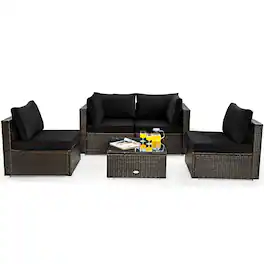 Costway - 5PCS Patio Rattan Furniture Set Cushioned Sofa Chair Coffee Table - Black
