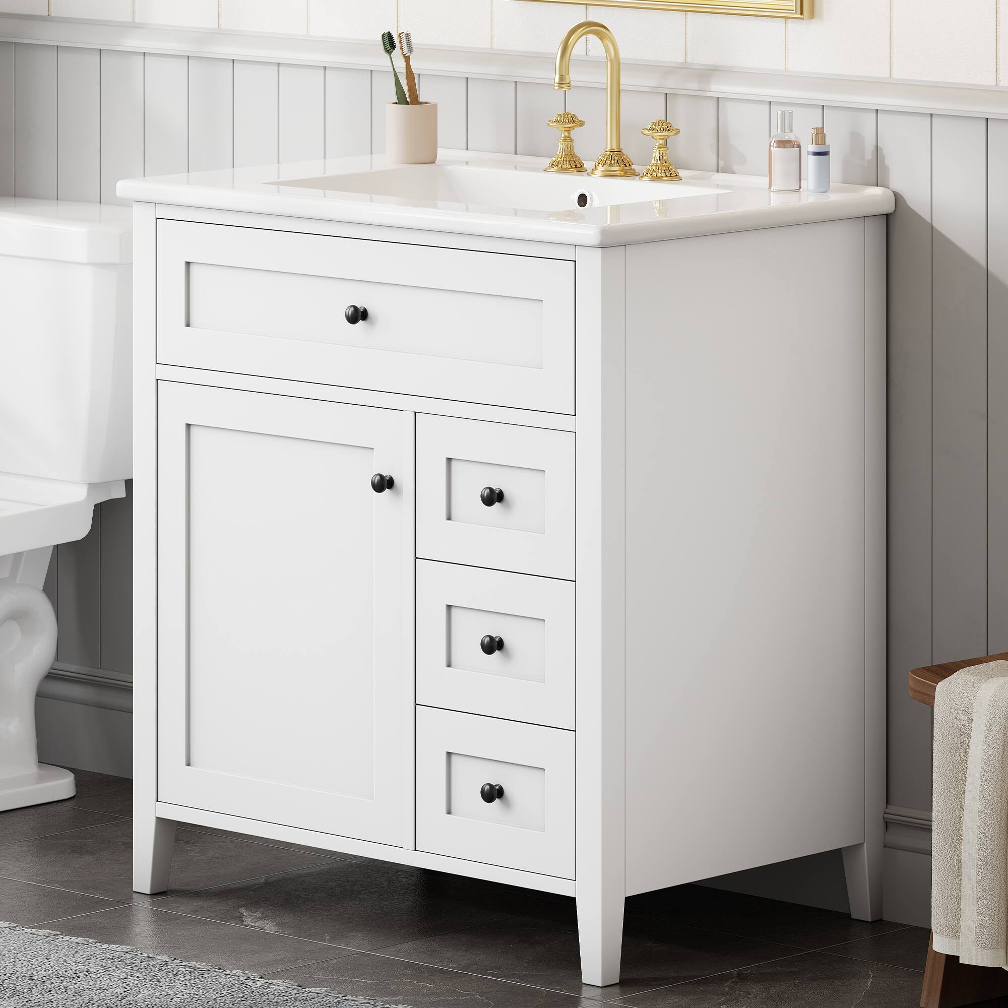 Angle. Whisen - 30 Inch Bathroom Vanity with Ceramic Sink Combo Modern 3 Drawer 1 Left Door Storage Cabinet Freestanding - White.