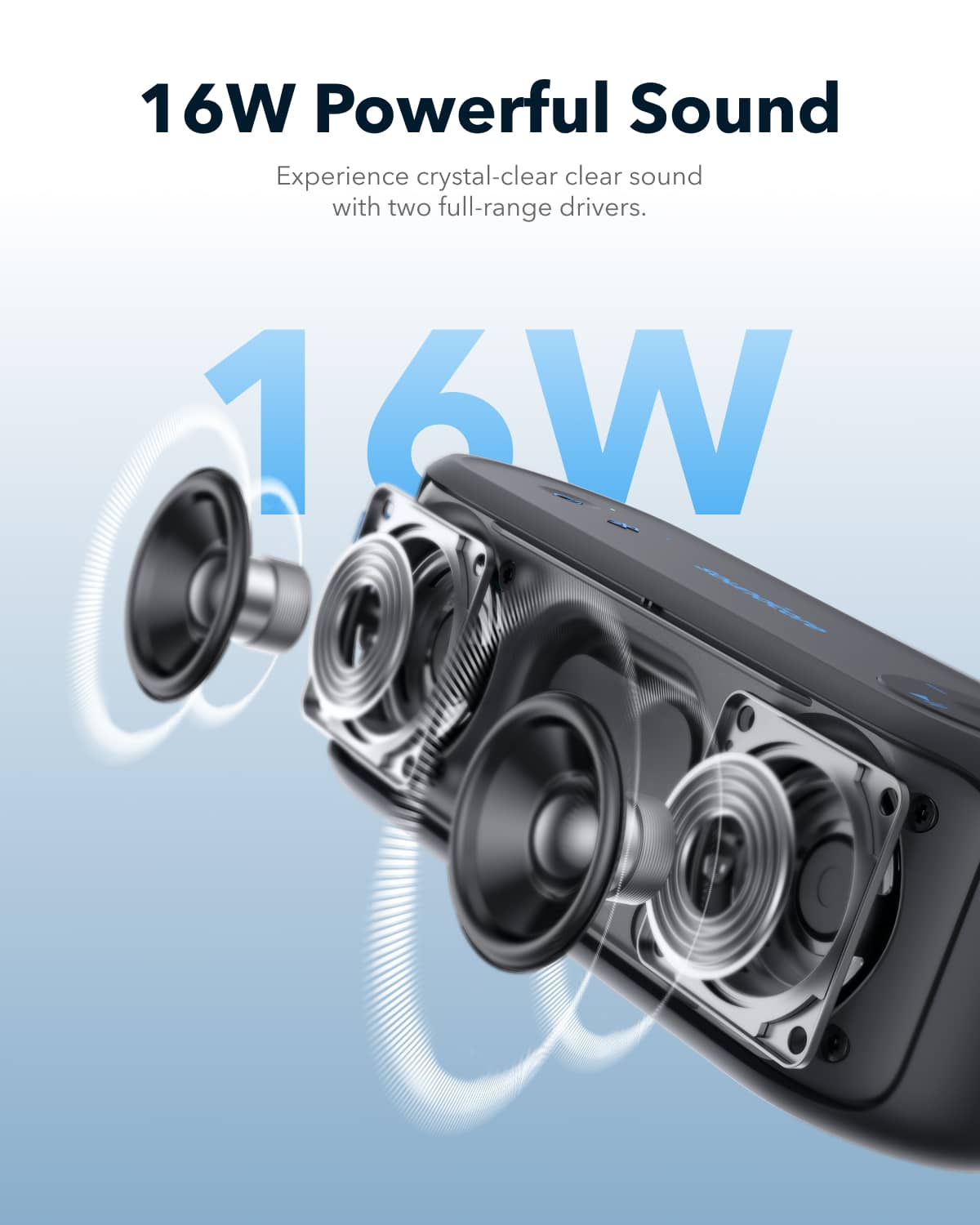 The text on the image reads: "16W Powerful Sound Experience crystal-clear clear sound with two full-range drivers."