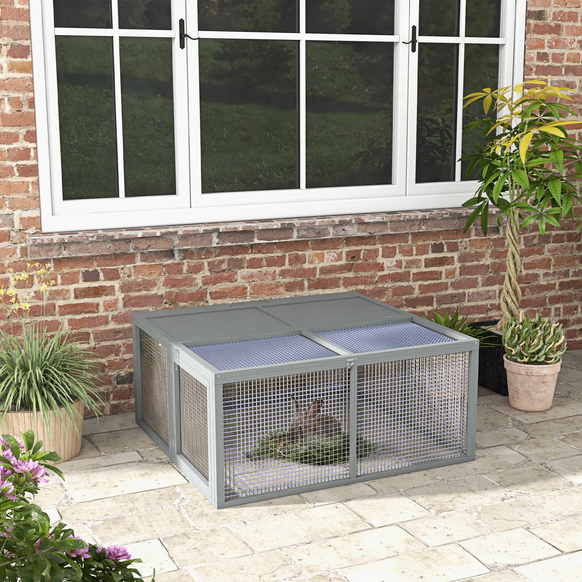 Alt View 1. Pawhut - Folding Rabbit Hutch - Grey.