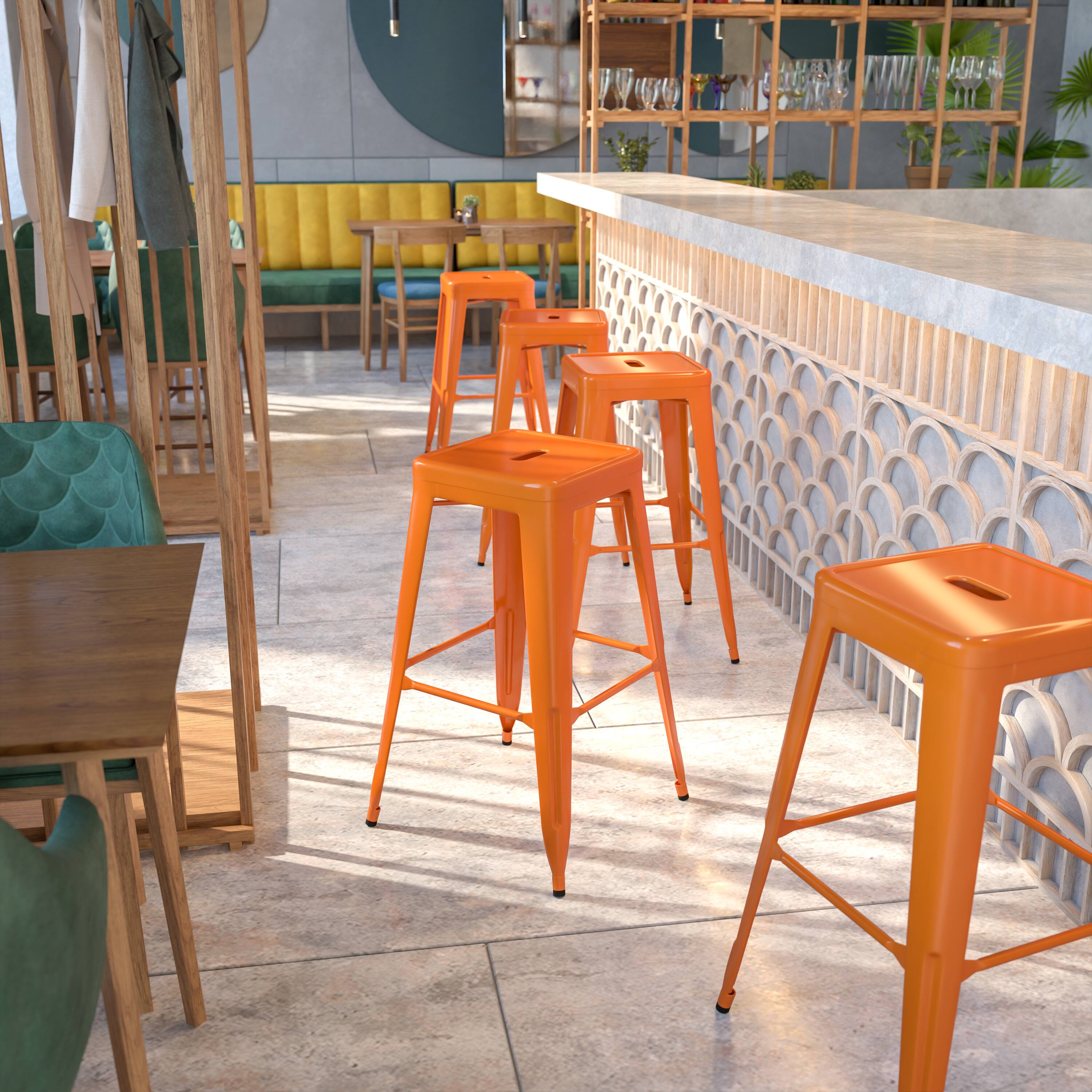 Angle. Flash Furniture - Kai Commercial Grade 30" High Backless Orange Metal Indoor-Outdoor Barstool with Square Seat - Orange.