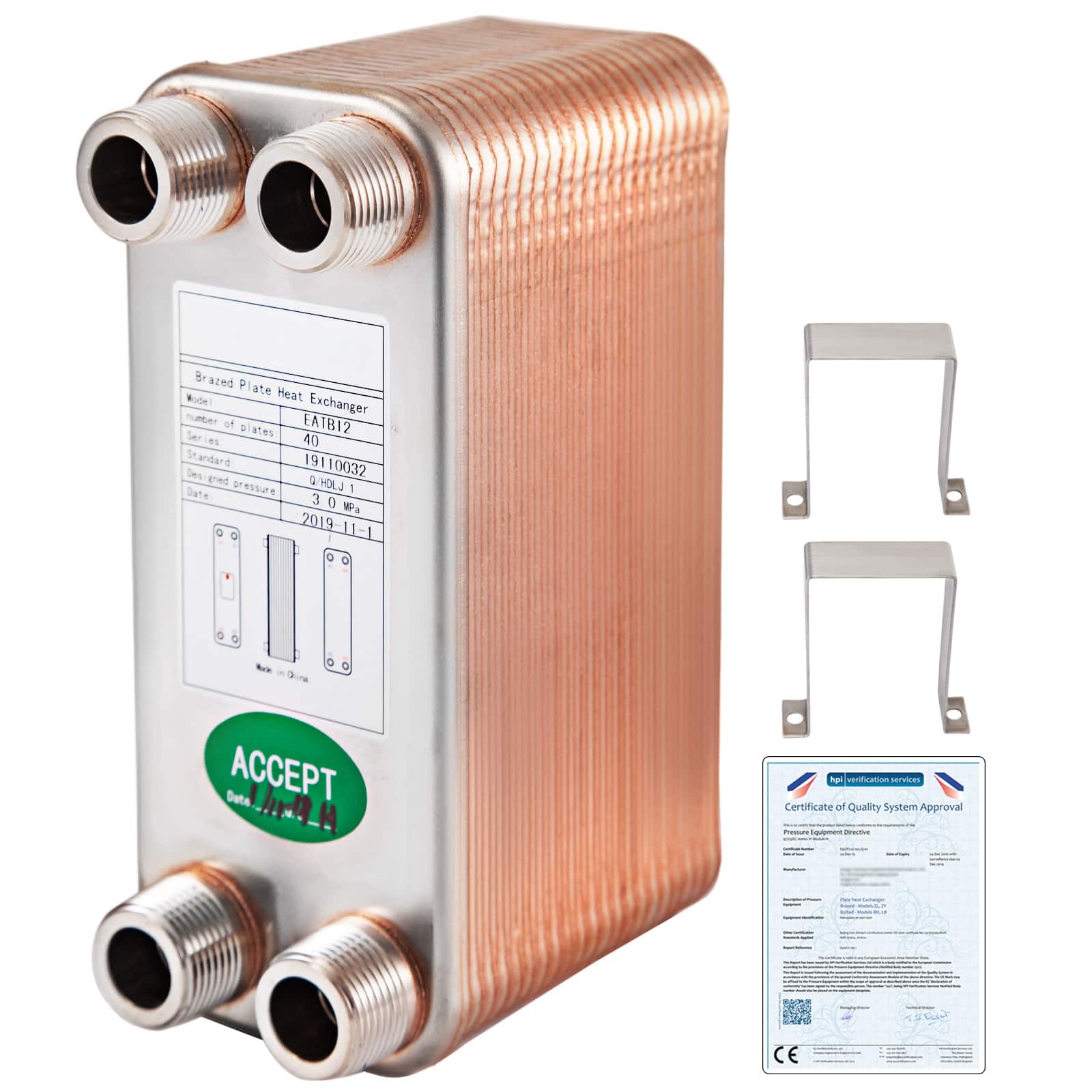 VEVOR - Heat Exchanger 3\"x7.5\" 40 Plates Brazed Plate Heat Exchanger 316L 3/4\" MPT Heat Exchanger B3-12A Beer Wort Chiller - Red-brown