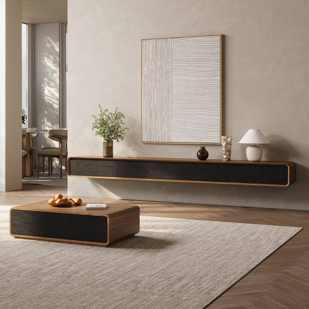 Left. POVISON - 95" Minimalist Floating TV Stand,Black & Brown - Black & Brown.