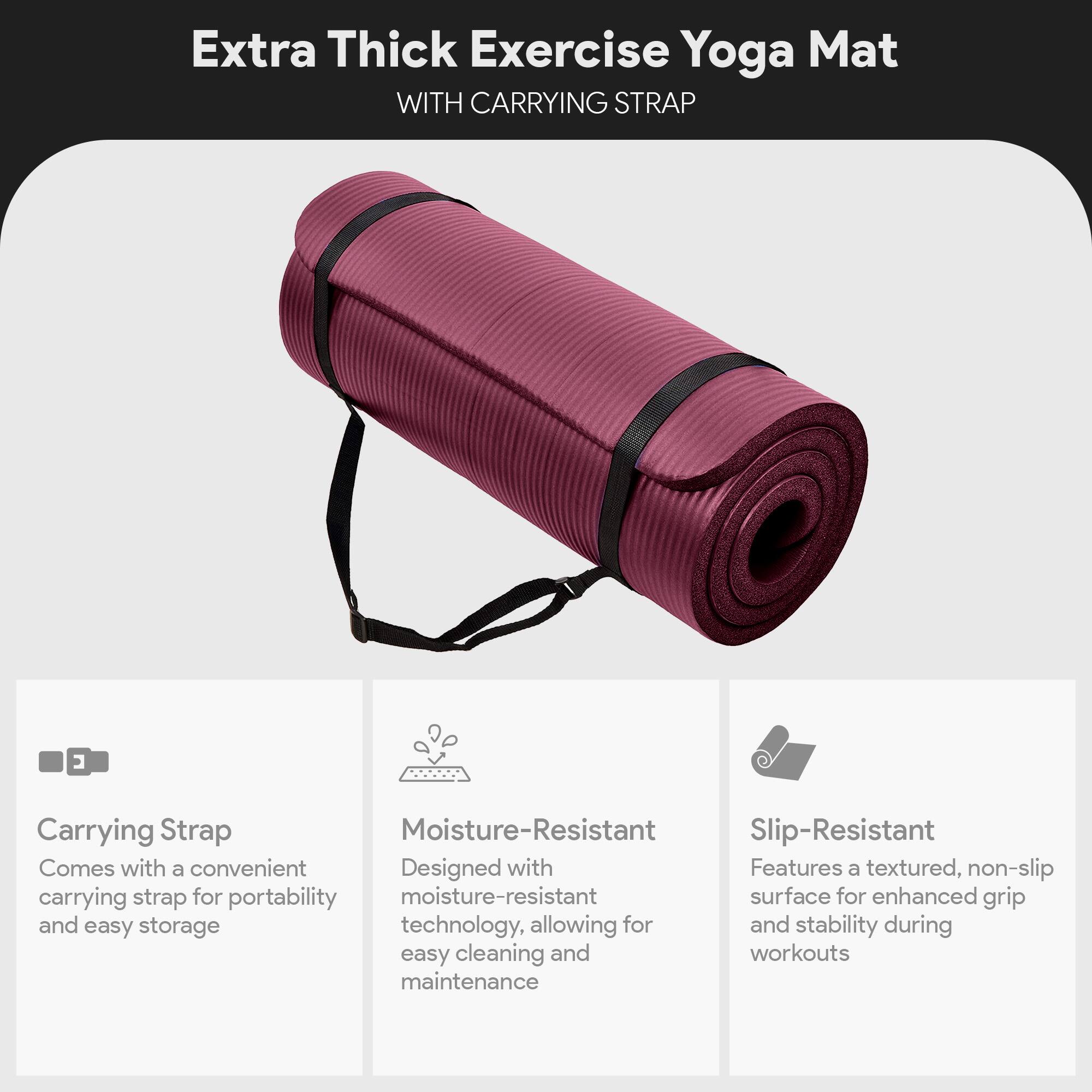Extra Thick Exercise Yoga Mat WITH CARRYING STRAP

- Carrying Strap: Comes with a convenient carrying strap for portability and easy storage
- Moisture-Resistant: Designed with moisture-resistant technology, allowing for easy cleaning and maintenance
- Slip-Resistant: Features a textured, non-slip surface for enhanced grip and stability during workouts