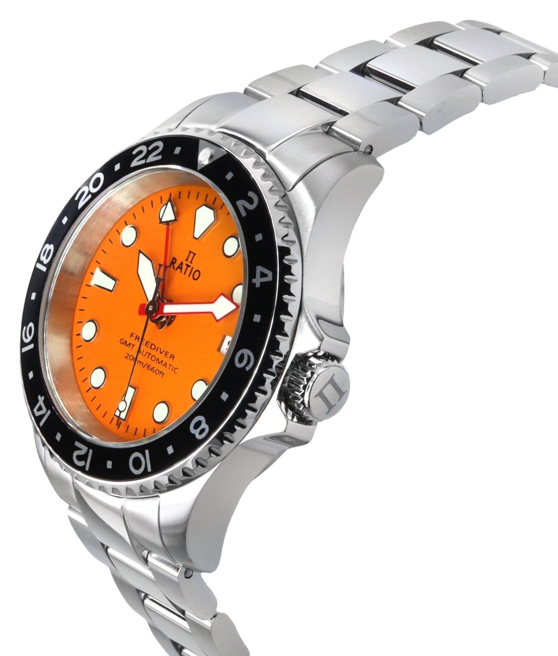 22 - 20 18  
I RATIO - 2 - 4 16  
FR GMT FREEDIVER E 20 AUTOMATIC 6 200m/660ft  
14 8 12 .  
II