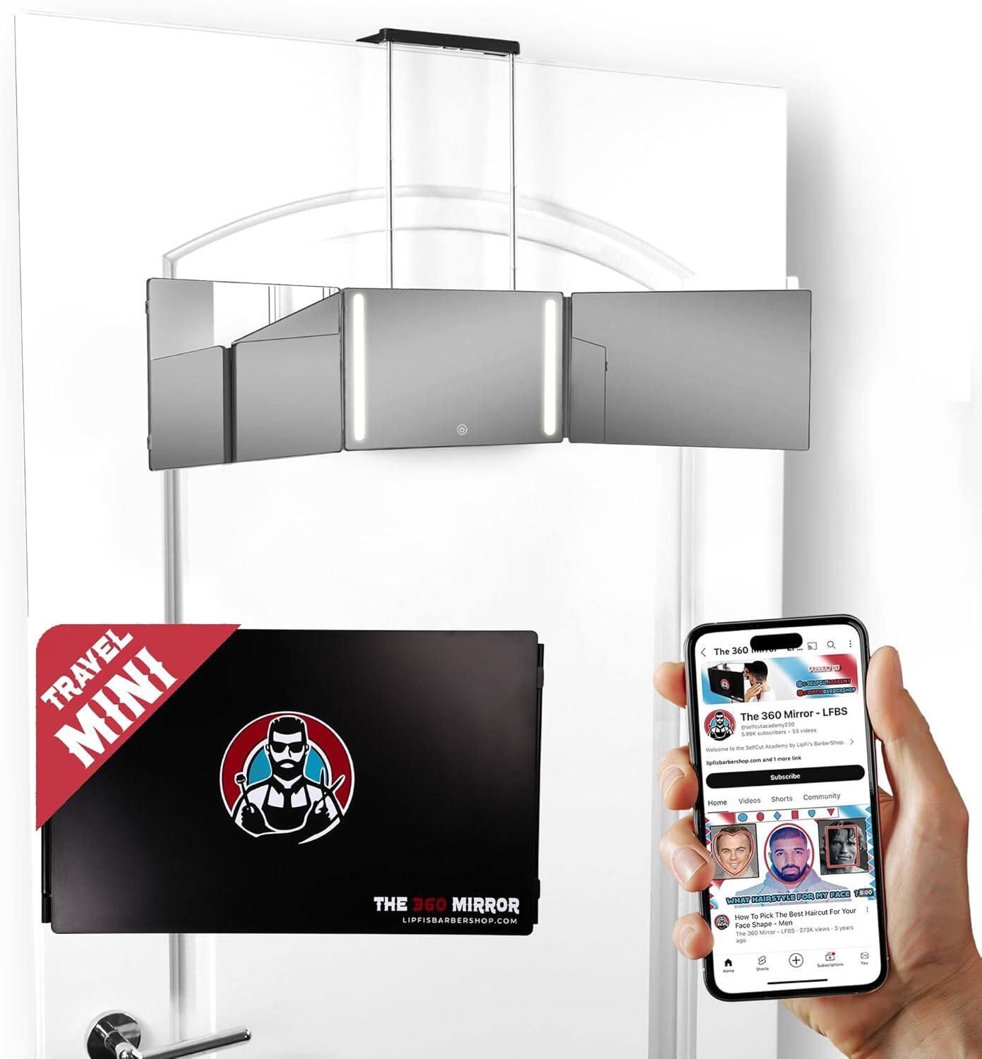 Stamp n Camp - The 360 Mirror, 3 Way Mirror for Self Hair Cutting, Adjustable Trifold Barber Miror to Cut Your Own Hair - Black - Mini Led Version