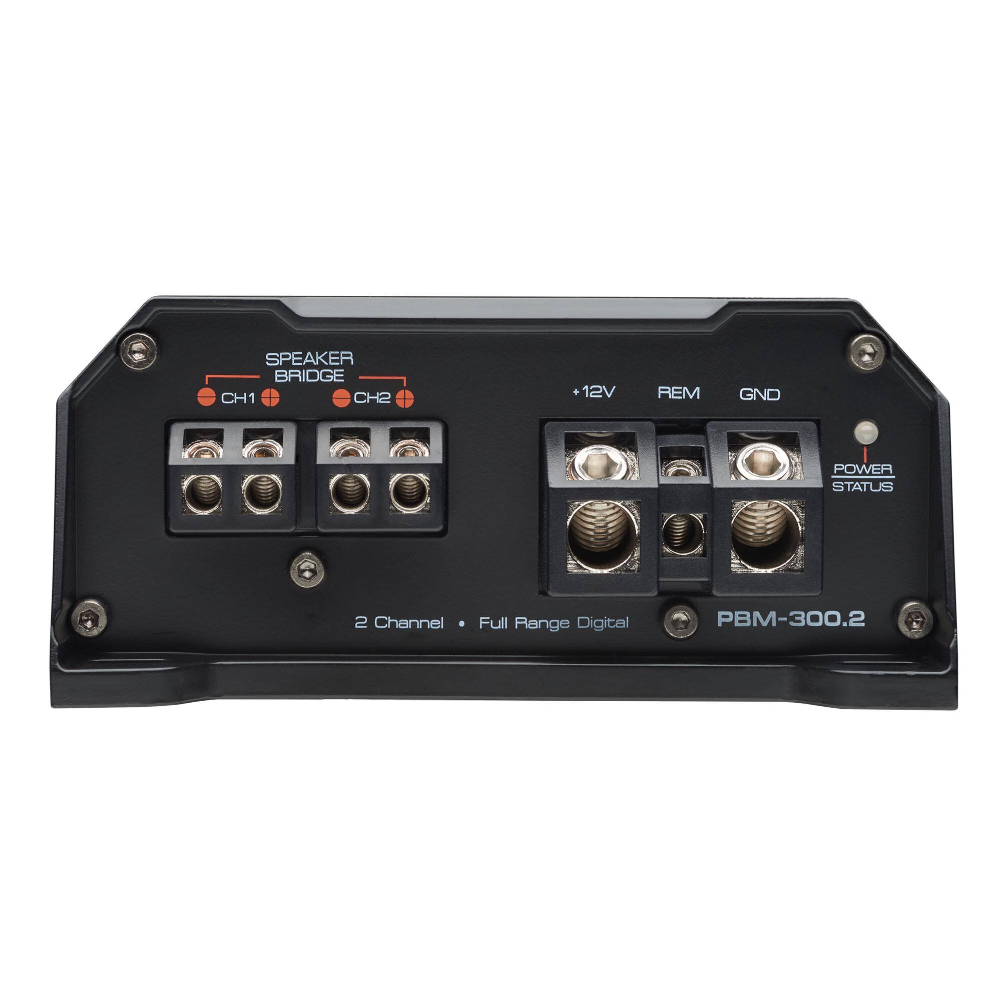 SPEAKER BRIDGE  
CH1 CH2  
12V REM GND  
POWER STATUS  
2 Channel Full Range Digital  
PBM-300.2