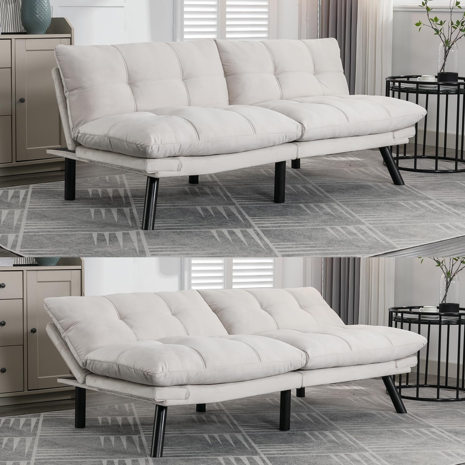 Alt View 1. MOOSOO - Velvet Convertible Futon Sofa Bed, Loveseat Sleeper Sofa with Thick Padded Cushion,2 Seater Futon Couch for Living Room - Cream.