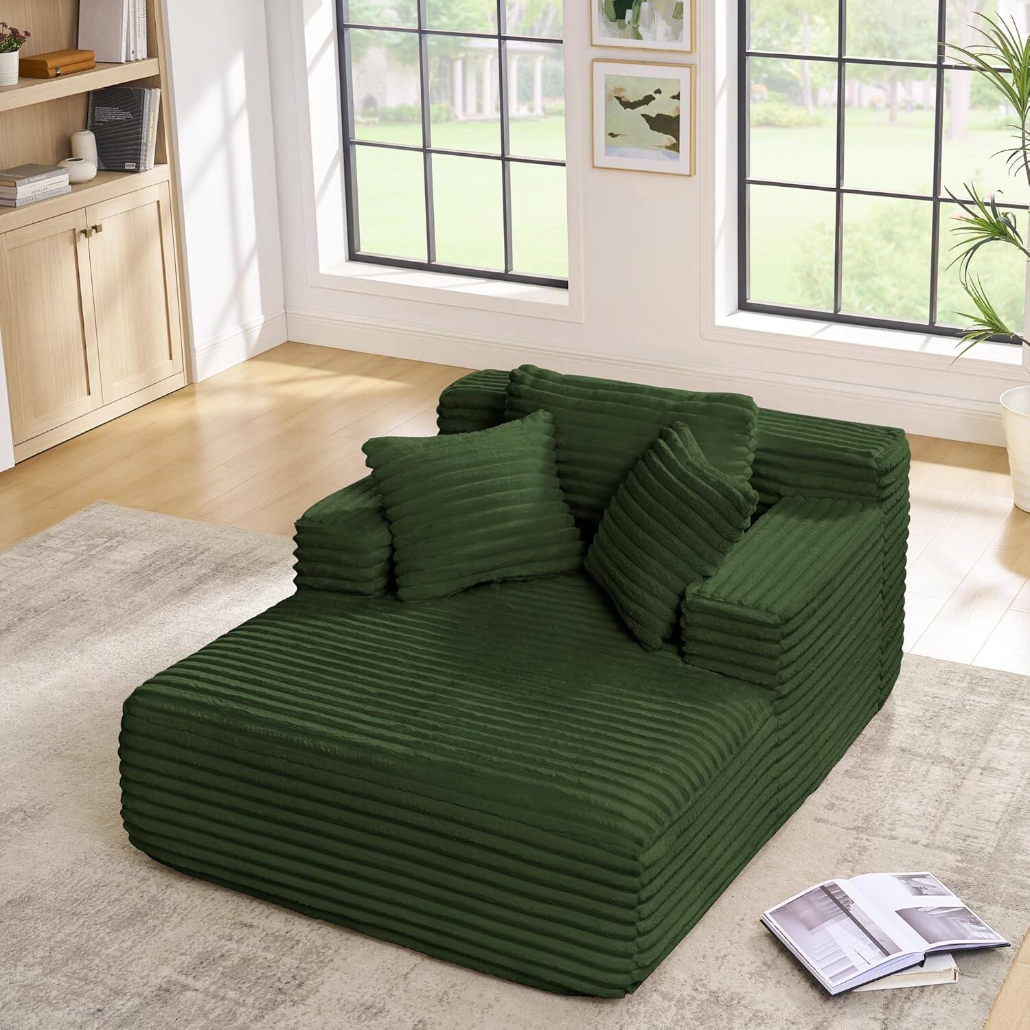 Alt View 3. Trinkets Crazed - Oversized Corduroy Compressed Chaise Lounge with High-Density Sponge - green.