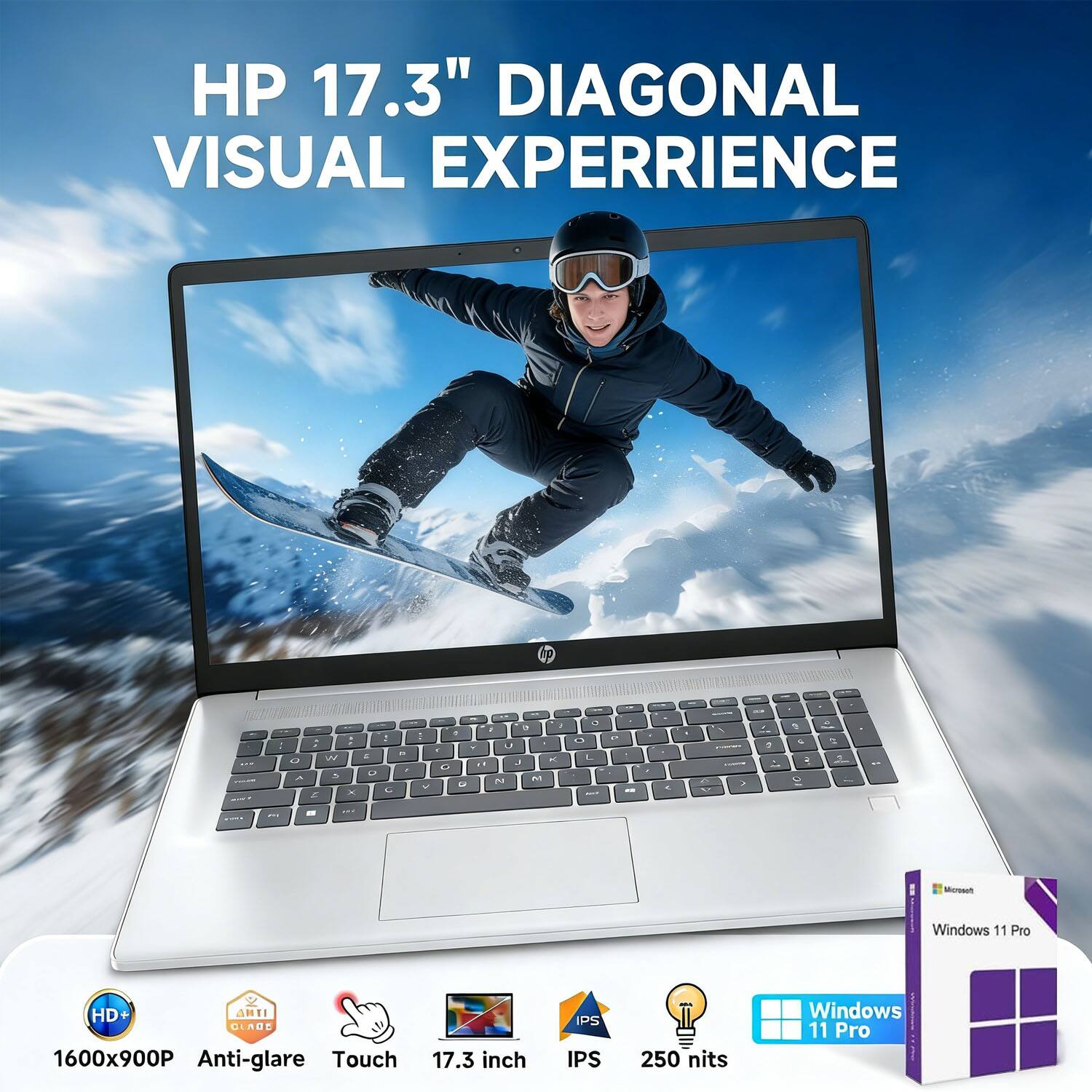 HP 17.3" DIAGONAL VISUAL EXPERIENCE

- HD+
- 1600x900P
- Anti-glare
- Touch
- 17.3 inch
- IPS
- 250 nits
- Windows 11 Pro