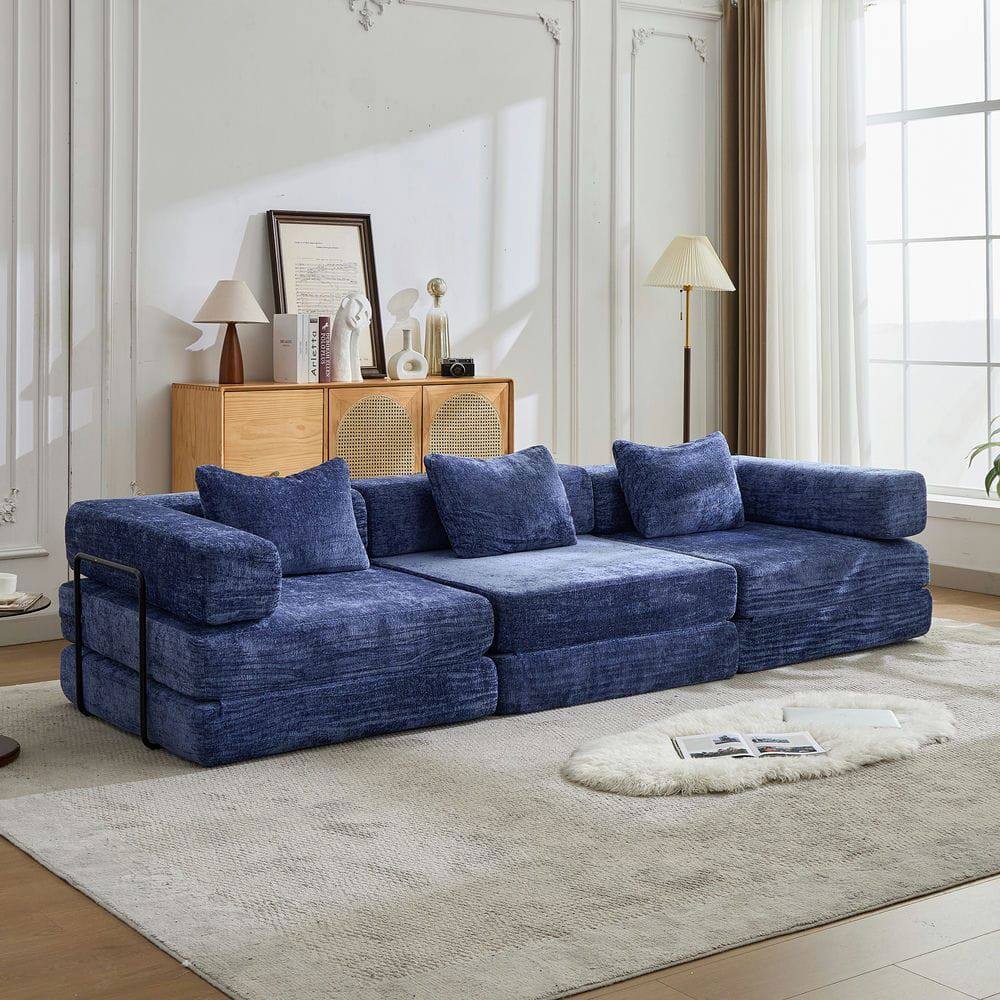 Front. Kadyn - Compression Sectional Sofa, Convertible Floor Bed with Fixed Frame, Boneless Chenille, Dark Blue - Blue.