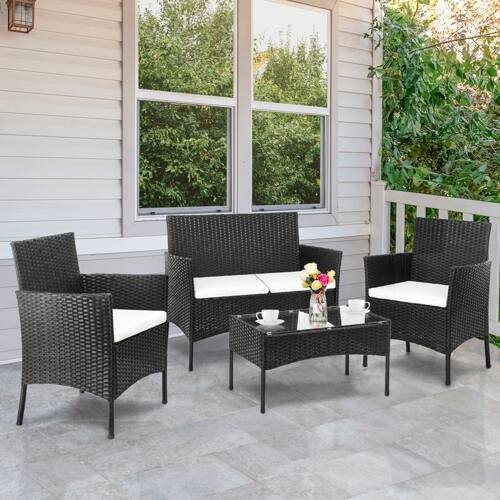 Alt View 5. Winado - 4PCS Patio Wicker Rattan Furniture Set, Conversation Set with Coffee Table, Chairs for In/Outdoor Yard Poolside Backyard - Black & White Cushion.