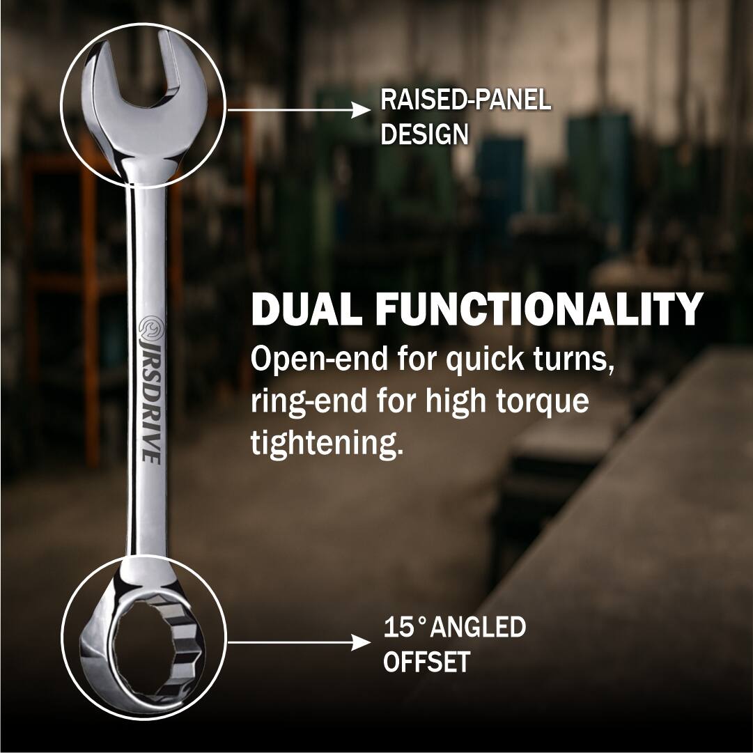RAISED-PANEL DESIGN  
DUAL FUNCTIONALITY  
Open-end for quick turns, ring-end for high torque tightening.  
15° ANGLED OFFSET
