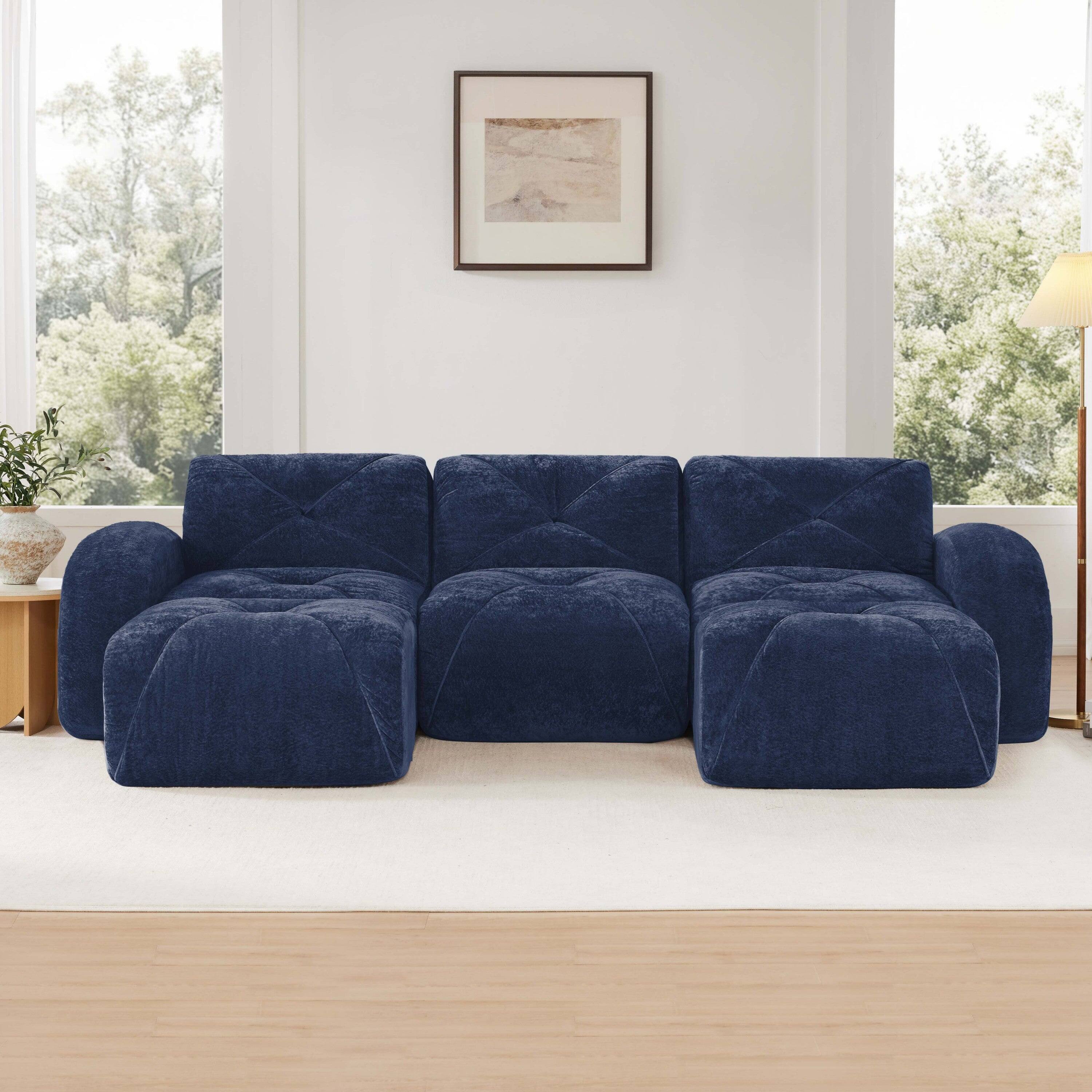 Alt View 3. Boyel Living - U Shaped Velvet Tufted Sofa Movable Ottomans 32D High Density Sponge Anti Slip Free Combo Study Theater Blue - Blue.