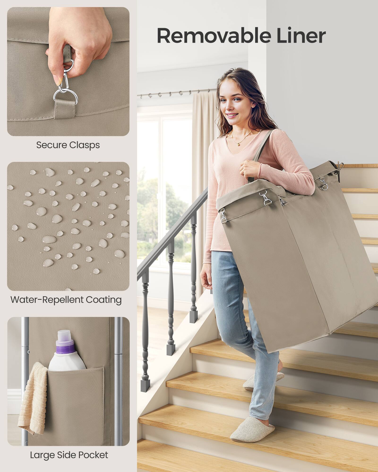 - Removable Liner
- Secure Clasps
- Water-Repellent Coating
- Large Side Pocket