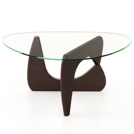 Gymax - Triangle Coffee Table w/ Tempered Glass Top & Adjustable Rubber Wood Base - Walnut
