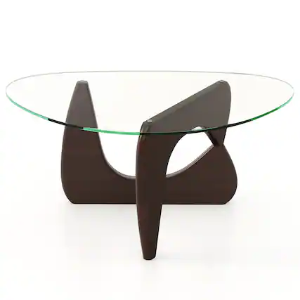 Front. Gymax - Gymax Triangle Coffee Table w/ Tempered Glass Top & Adjustable Rubber Wood Base - Walnut.