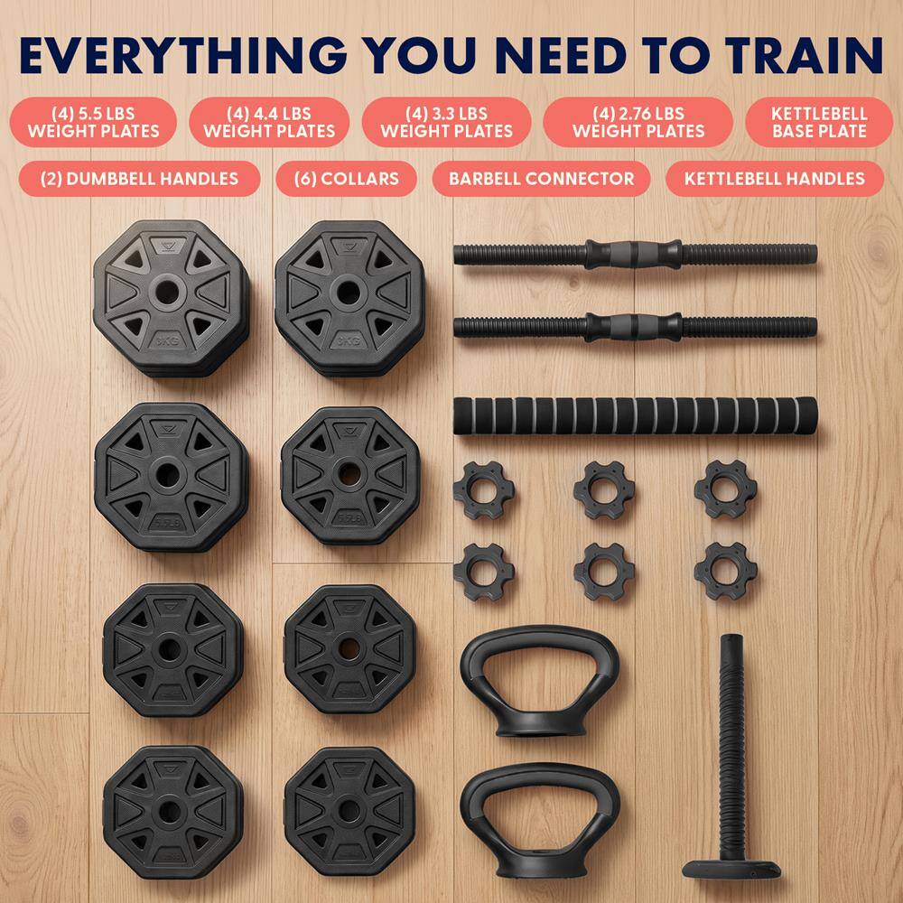 EVERYTHING YOU NEED TO TRAIN

(4) 5.5 LBS WEIGHT PLATES  
(4) 4.4 LBS WEIGHT PLATES  
(4) 3.3 LBS WEIGHT PLATES  
(4) 2.76 LBS WEIGHT PLATES  
KETTLEBELL BASE PLATE  
(2) DUMBBELL HANDLES  
(6) COLLARS  
BARBELL CONNECTOR  
KETTLEBELL HANDLES