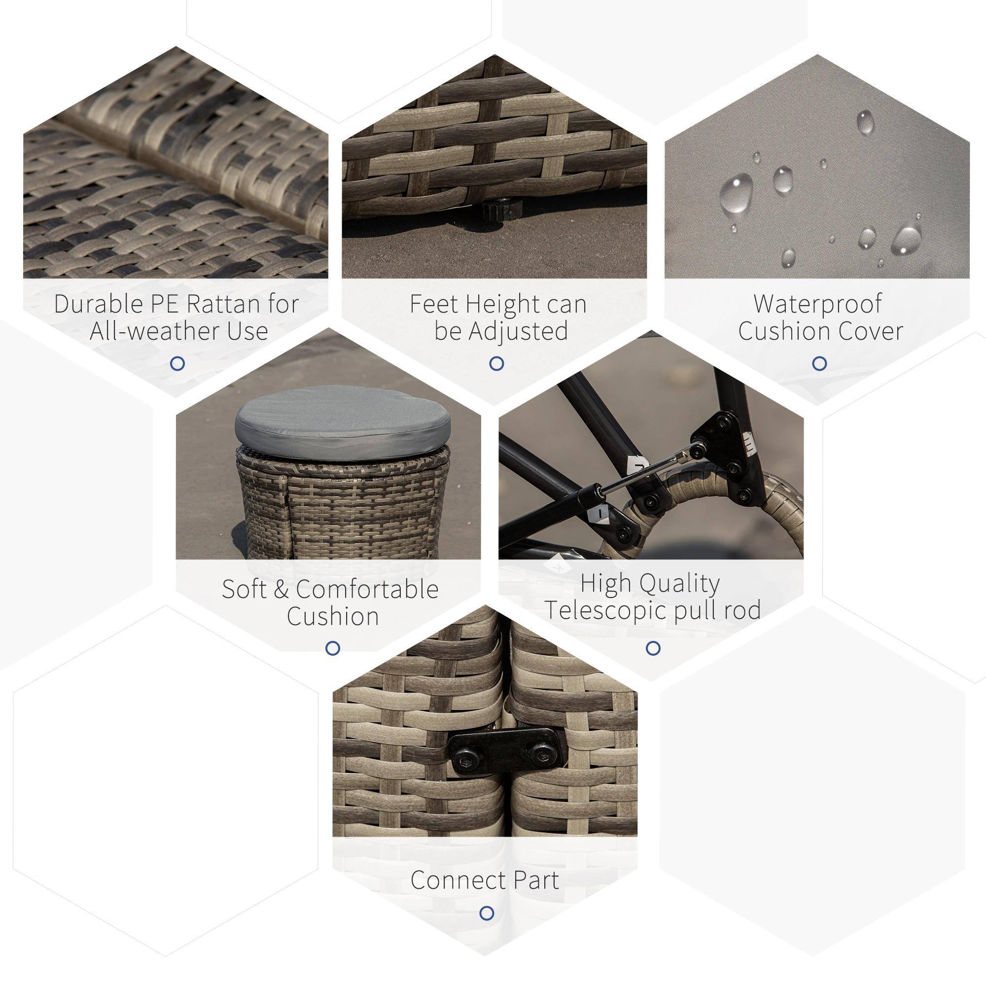 Durable PE Rattan for All-weather Use, Feet Height can be Adjusted, Waterproof Cushion Cover, Soft & Comfortable Cushion, High Quality Telescopic pull rod, Connect Part