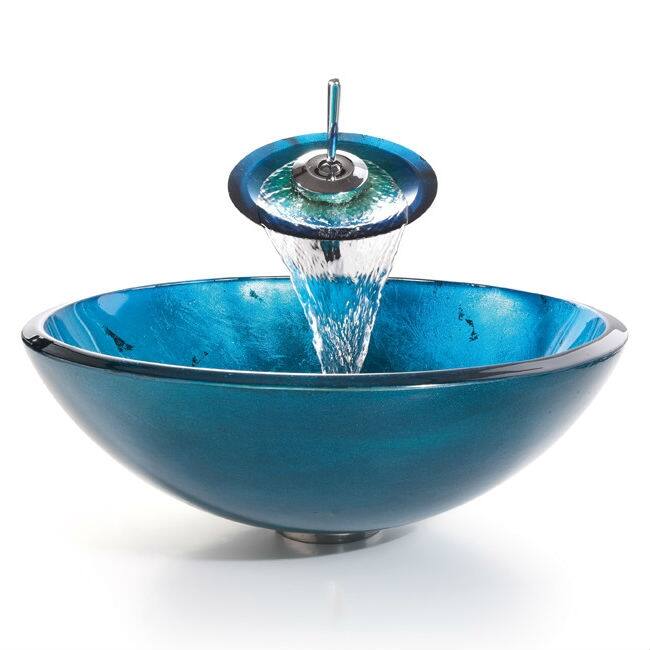 Angle. Hivvago - Round Blue Tempered Glass Vessel Bathroom Sink - Blue.