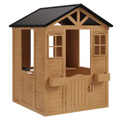 Front. U-HOMY - Wooden Playhouse for Kids with Door & Windows - Wood.