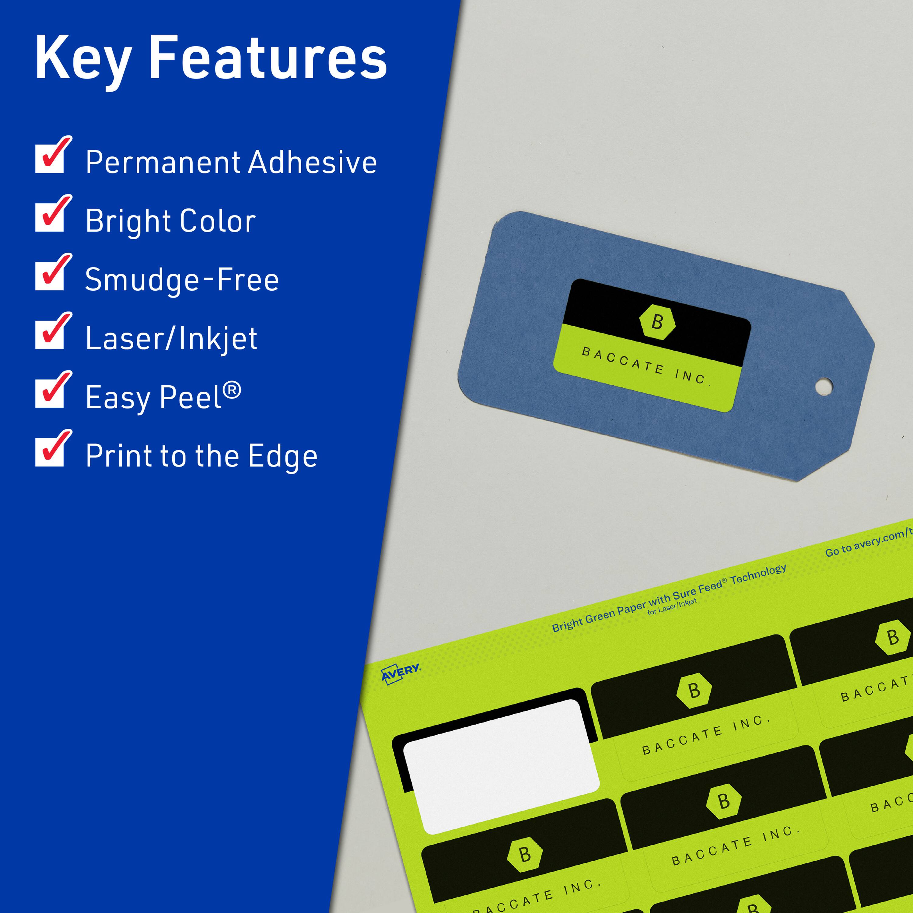 Key Features  
- Permanent Adhesive  
- Bright Color  
- Smudge-Free  
- Laser/Inkjet  
- Easy Peel®  
- Print to the Edge  

Bright Green Paper with Sure Feed™ Technology  

BACCATE INC.  

Go to avery.com/