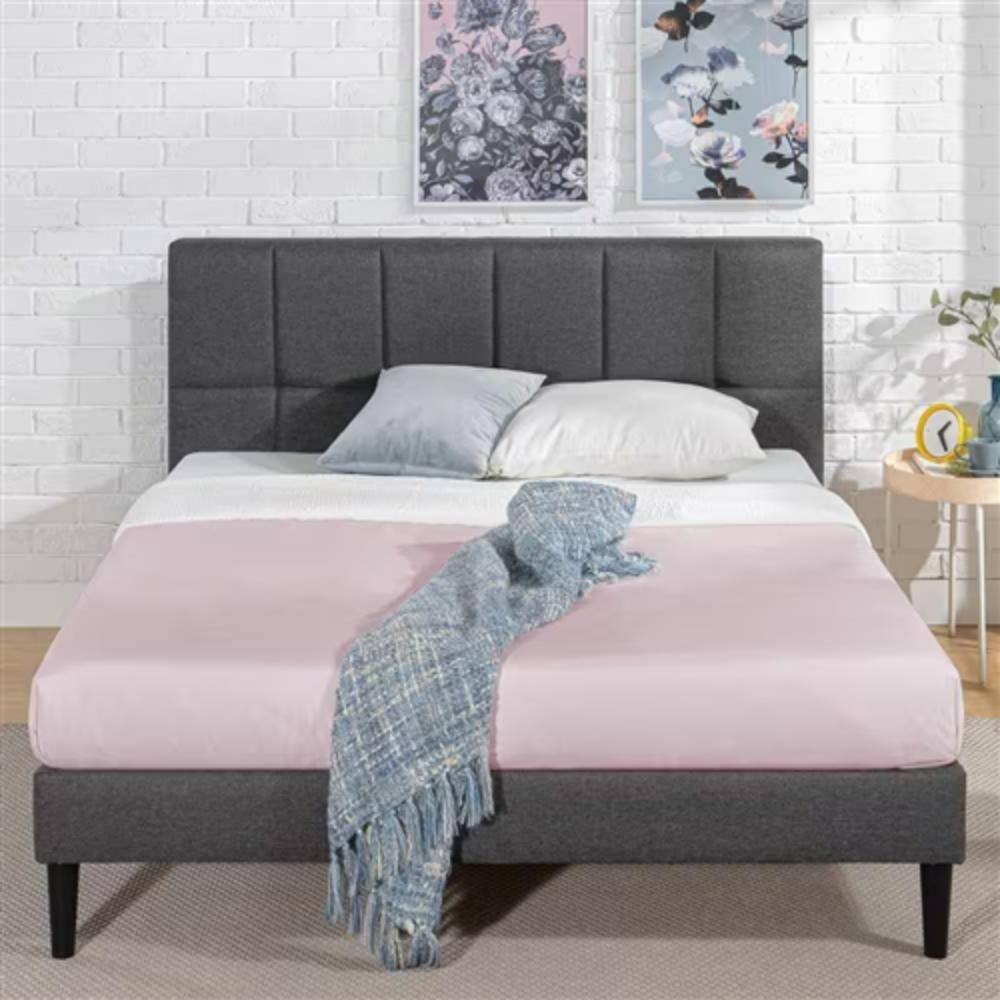 Angle. Hivvago - Queen size Grey Upholstered Platform Bed Frame with Padded Headboard - Grey.