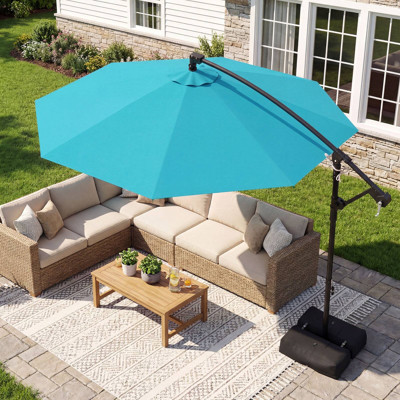 Alt View 4. Costway - Costway 10 FT Offset Hanging Umbrella with Base Patio Cantilever Umbrella 360° Rotation - Turquoise.