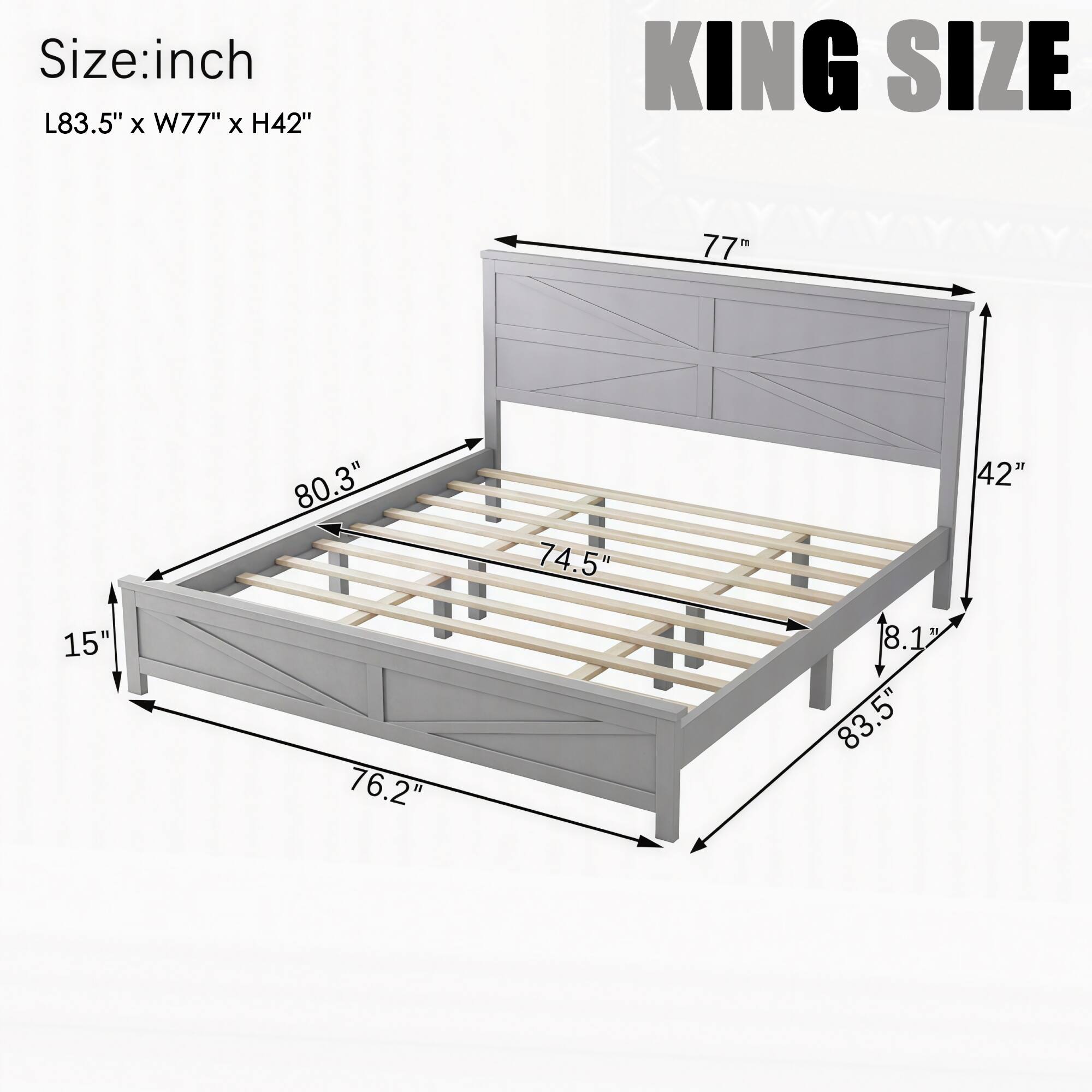 Size: inch  
L83.5" x W77" x H42"  
KING SIZE  
77"  
74.5"  
42"  
15"  
76.2"  
8.1"  
83.5"