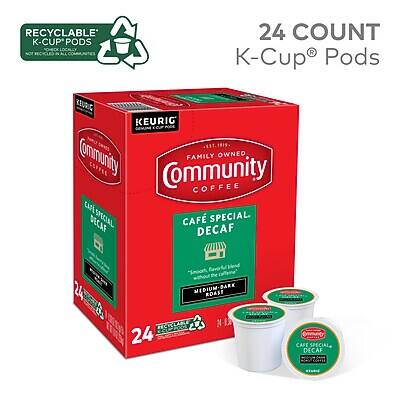 RECYCLABLE K-CUP PODS  
24 COUNT  
KEURIG GENUINE  

Community Coffee  
FAMILY OWNED SINCE 1919  

CAFE SPECIAL  
DECAF  
MEDIUM-DARK ROAST  

24 K-Cup® Pods