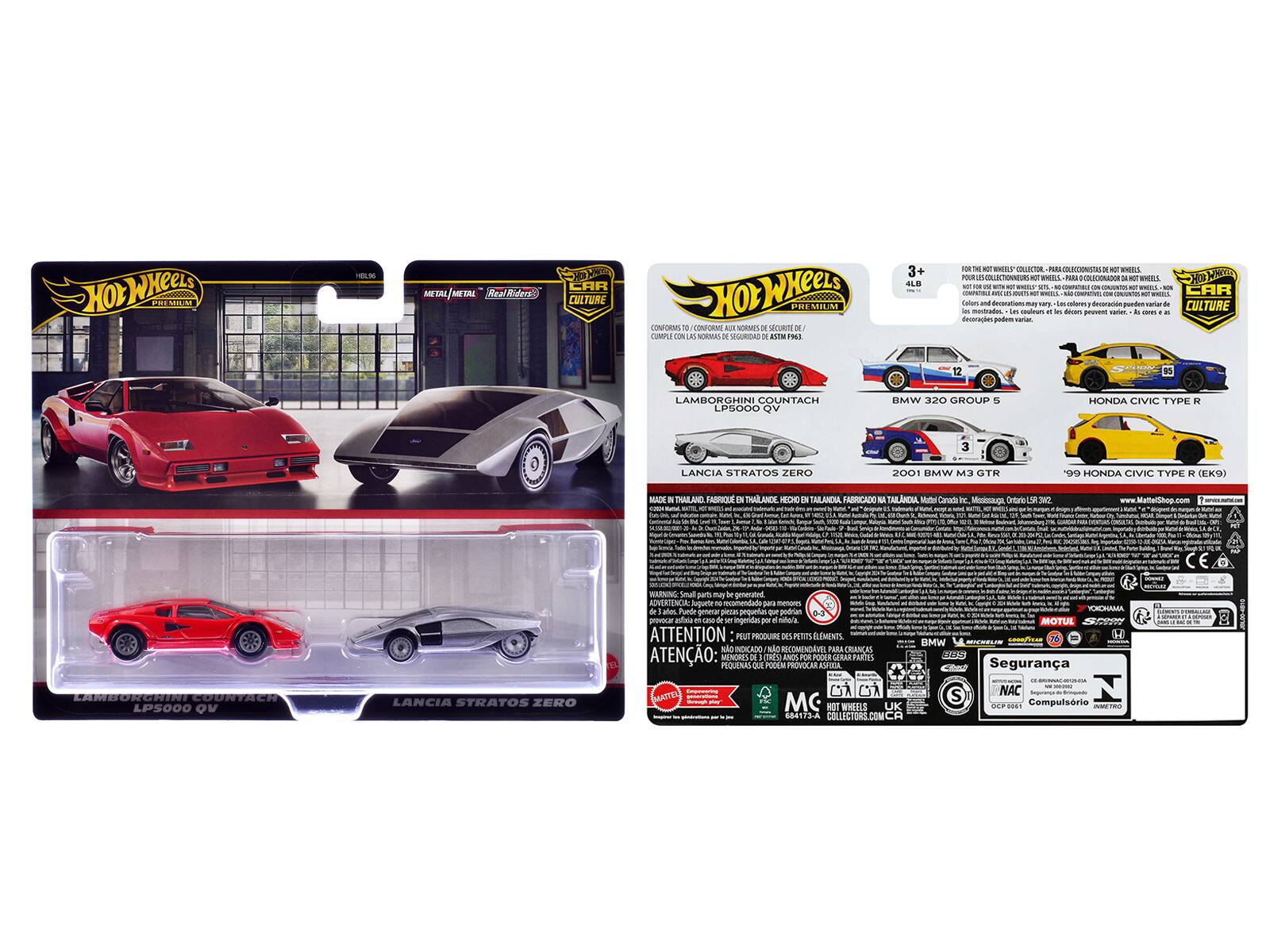 **Hot Wheels Premium**

**Real Riders Car Culture**

- **Lamborghini Countach LP5000 QV**
- **Lancia Stratos Zero**

**BMW 320 Group 5**
- **2001 BMW M3 GTR**

**Honda Civic Type R**
- **'99 Honda Civic Type R (K9)**

**Made in Thailand, Fabricado en Tailandia, Hecho en Tailandia**

**Attention: Producto de Pequeños Elementos, No Recomendado para Menores de 3 Años**

**Seguridad:**
- **NAC**
- **Compulsorio**

**Hot Wheels Collectors**

**Hot Wheels Car Culture**

**Lamborghini Countach LP5000 QV**
**Lancia Stratos Zero**

**BMW 320 Group 5**
**2001 BMW M3 GTR**

**Honda Civic Type R**
**'99 Honda Civic Type R (K9)**

**Made in Thailand, Fabricado en Tailandia, Hecho en Tailandia**

**Attention: Producto de Pequeños Elementos, No Recomendado para Menores de 3 Años**

**Seguridad