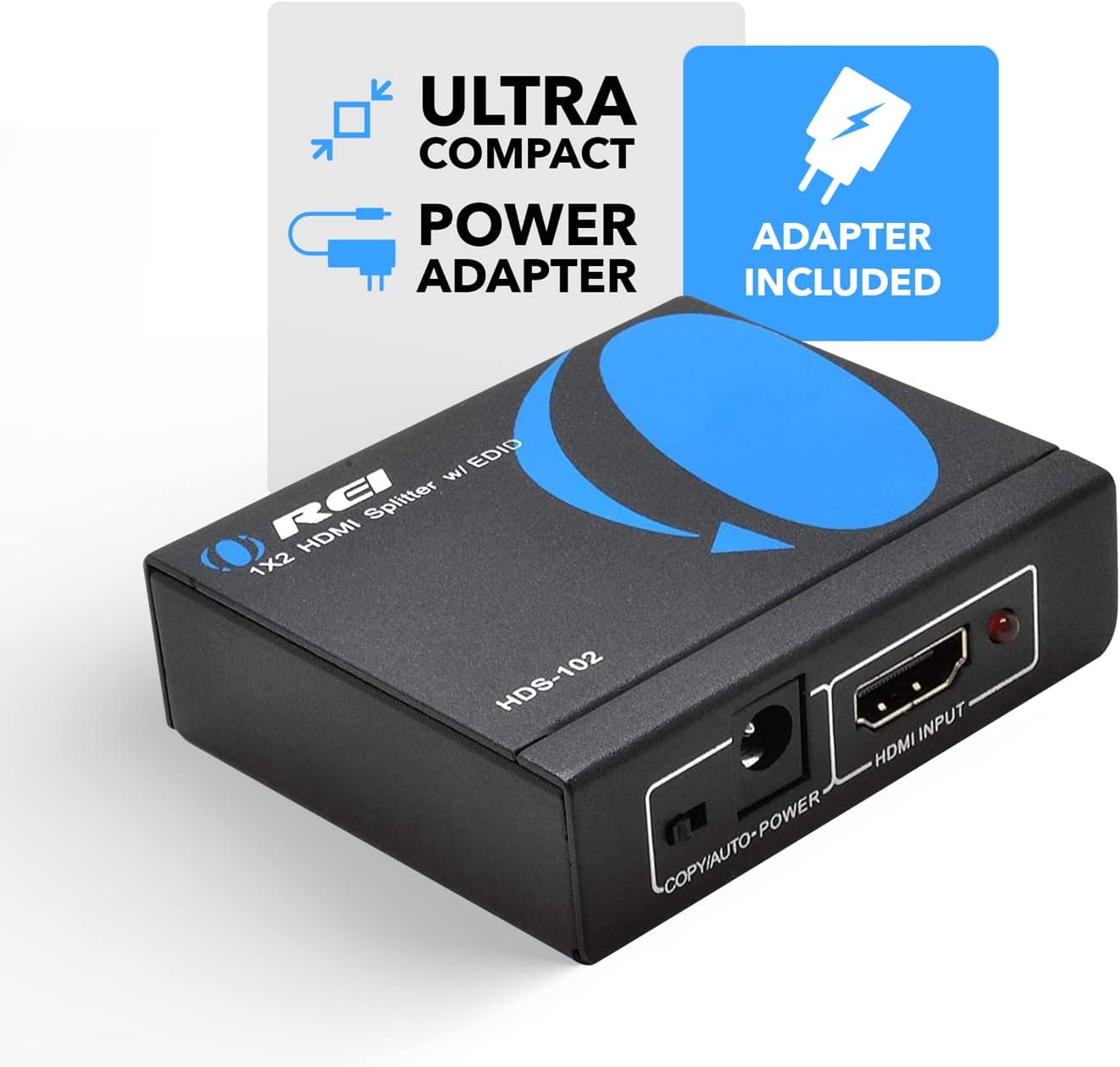 ULTRA COMPACT POWER ADAPTER INCLUDED EDID RCi Splitter HDMI 1X2 HDS-102 102 INPUT HDMI COPY AUTO-POWER