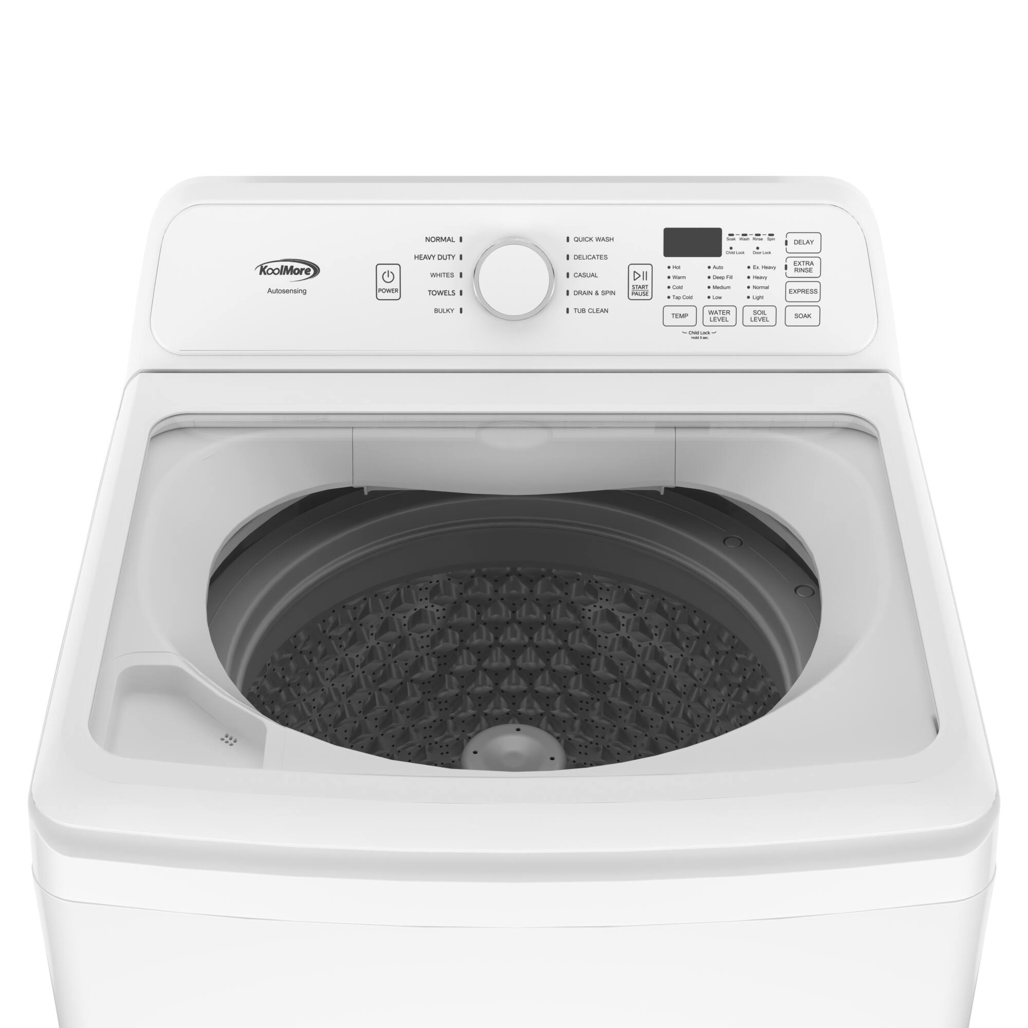 KoolMore Autosensing - NORMAL - HEAVY DUTY - WHITES - TOWELS - BLANKETS - QUICK WASH - DELICATES - CASUAL - DRINK SPIN - TURB CLEAN - DELAY - EXTRA - EXPRESS - TEMP - WATER - SOAK - SOAK