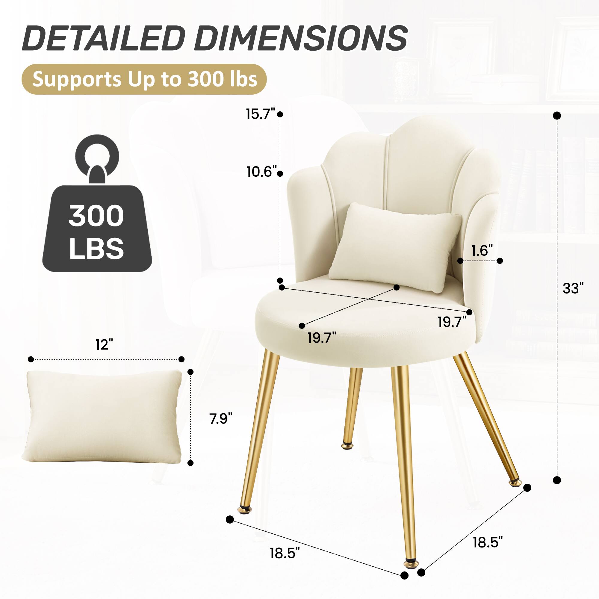 DETAILED DIMENSIONS  
Supports Up to 300 lbs  
15.7"  
10.6"  
300 LBS  
1.6"  
33"  
12"  
19.7"  
19.7"  
7.9"  
18.5"  
18.5"