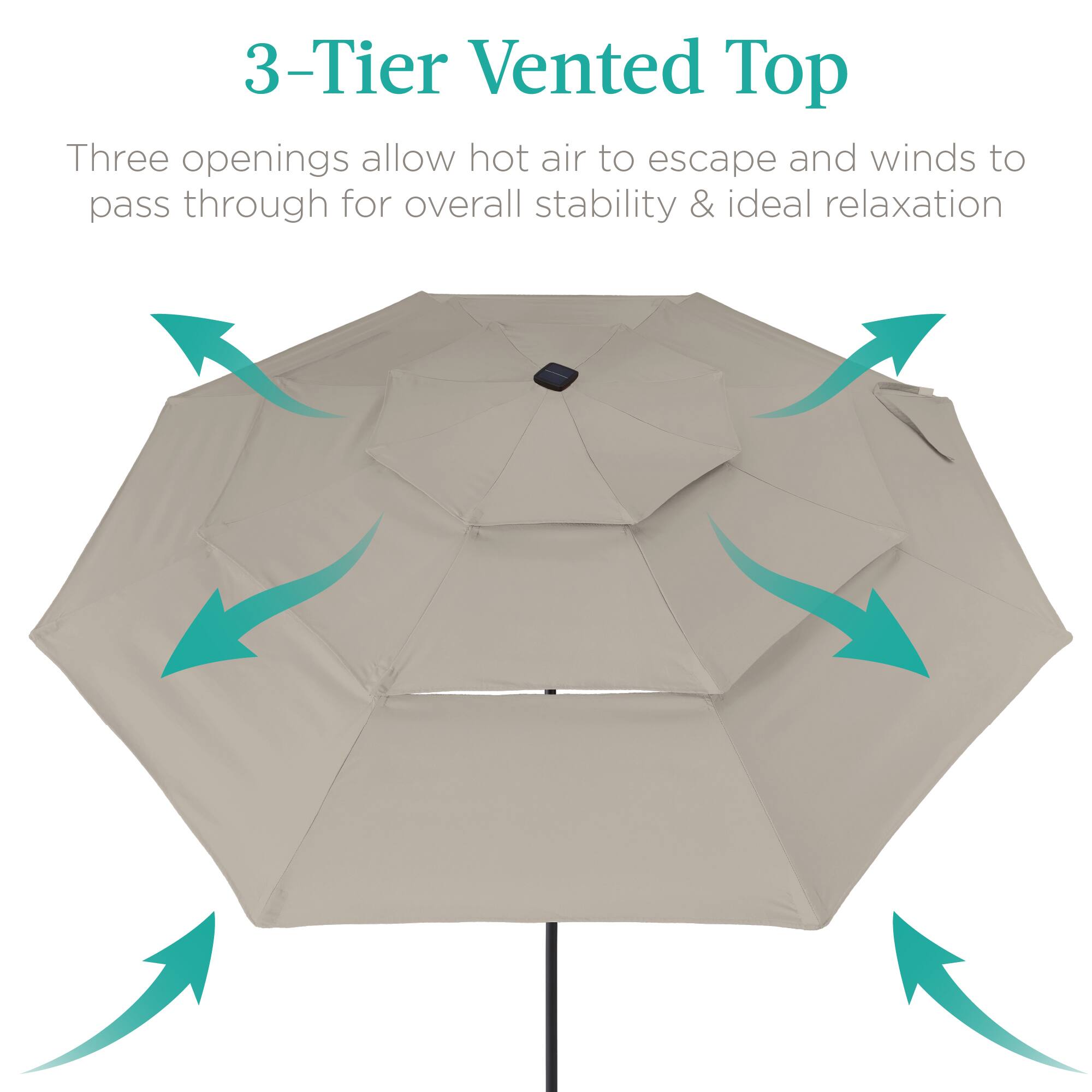 3-Tier Vented Top

Three openings allow hot air to escape and winds to pass through for overall stability & ideal relaxation