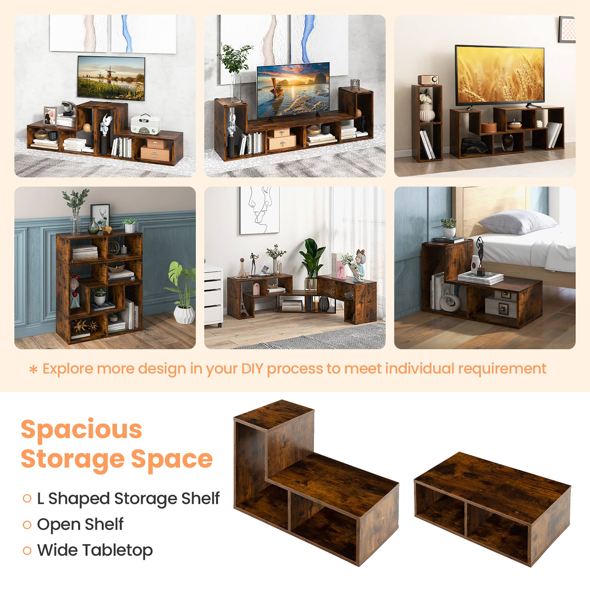 The text on the image is grouped as follows:

* Explore more design in your DIY process to meet individual requirement
* Spacious Storage Space
* L Shaped Storage Shelf
* Open Shelf
* Wide Tabletop