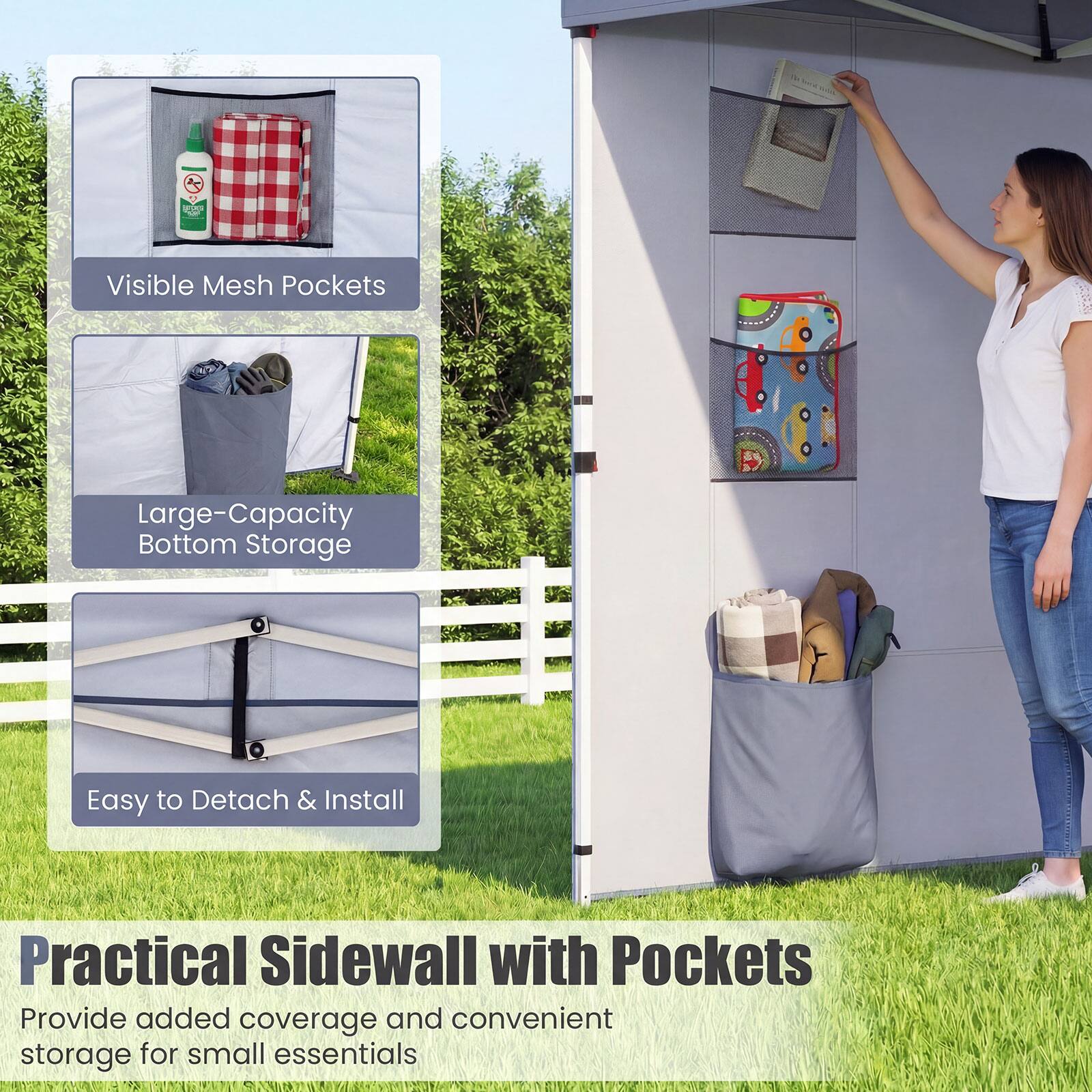 Visible Mesh Pockets  
Large-Capacity Bottom Storage  
Easy to Detach & Install  

Practical Sidewall with Pockets  
Provide added coverage and convenient storage for small essentials